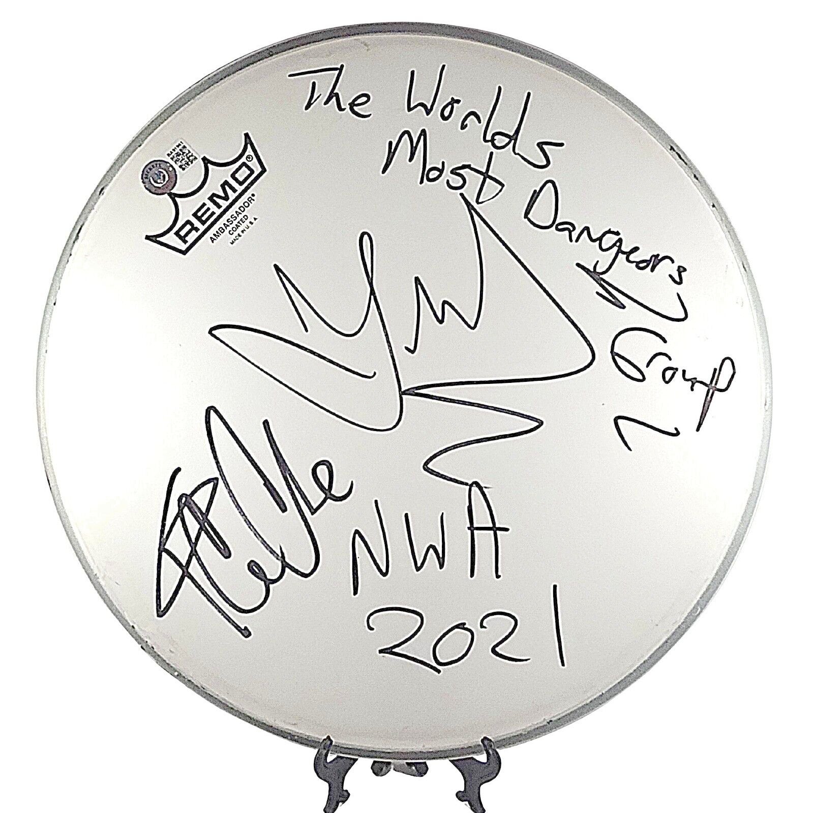 Music- Autographed- Ice Cube and DJ Yella of NWA Signed 12 Inch Remo Drum Head with The Worlds Most Dangerous Group Inscription, Beckett Authentic Auto COA