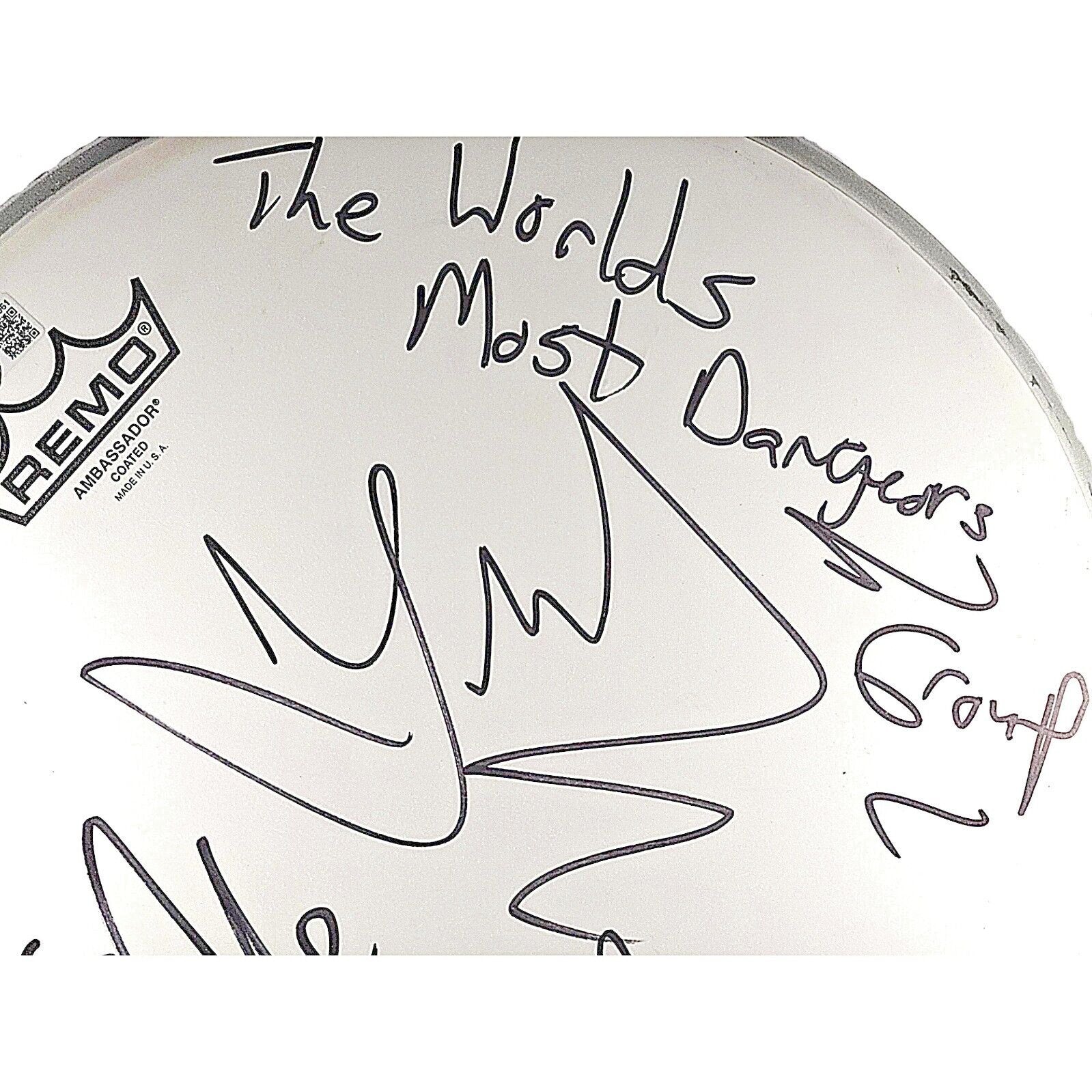 Music- Autographed- Ice Cube and DJ Yella of NWA Signed 12 Inch Remo Drum Head with The Worlds Most Dangerous Group Inscription, Beckett Authentic Auto Zoom 2