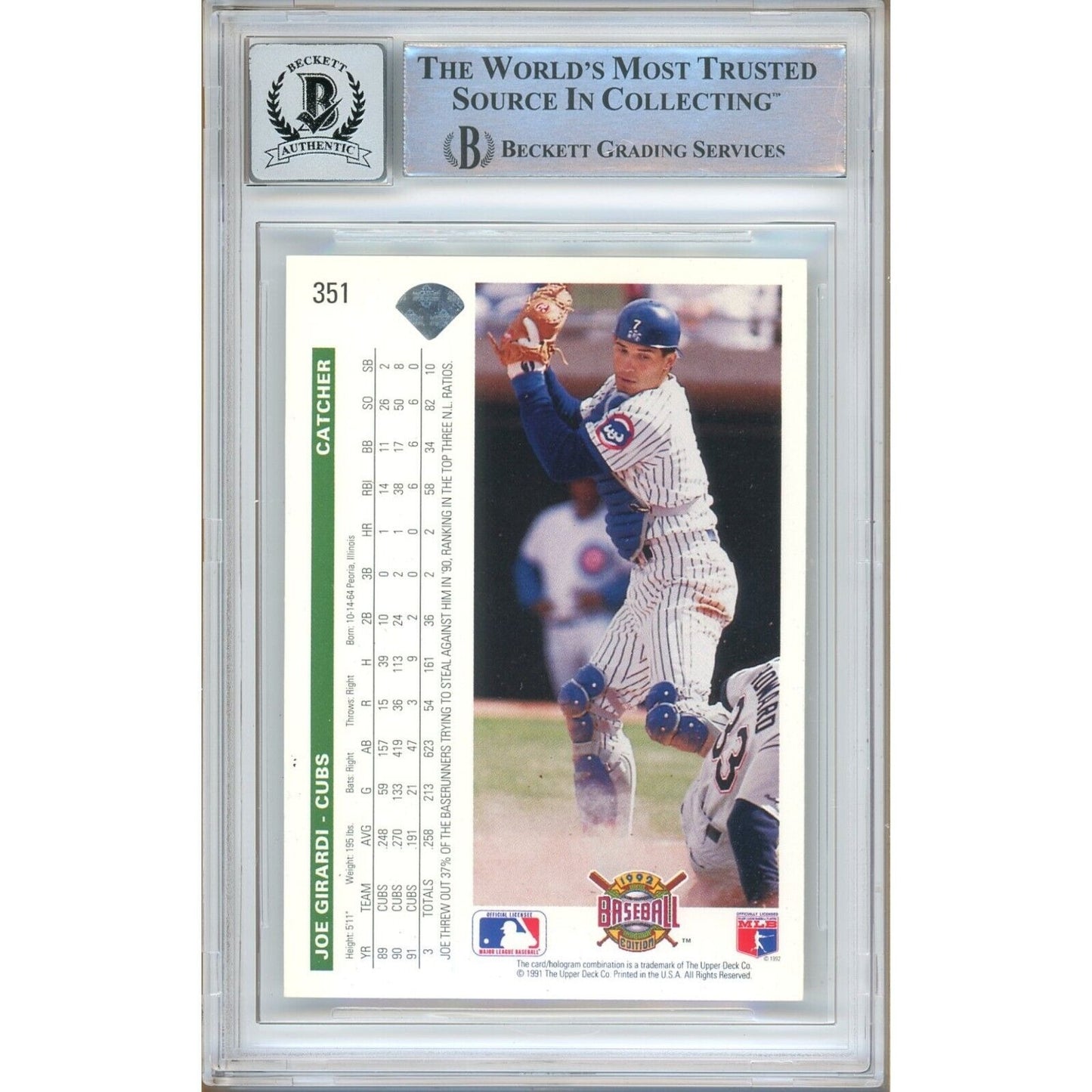 Baseballs- Autographed- Joe Girardi Chicago Cubs Signed 1992 Upper Deck Baseball Card Beckett Authentic BGS Auto-10 Graded Slab Back