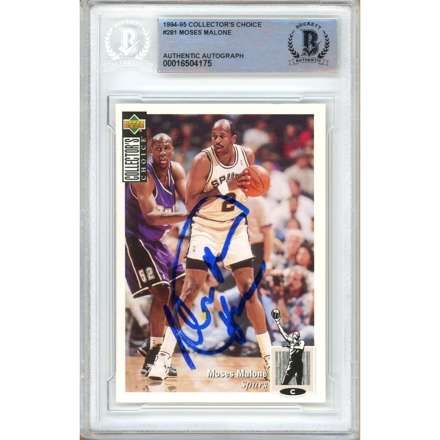 Basketballs- Autographed- Moses Malone San Antonio Spurs Signed 1994-95 Upper Deck Collectors Choice Basketball Card Beckett Authentic Auto Slab Front