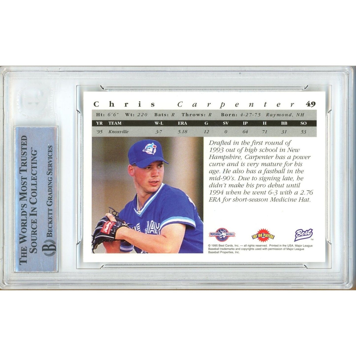 Baseballs- Autographed- Chris Carpenter Toronto Blue Jays Signed 1995 Team Best Rookie Baseball Card Beckett Authentic Auto Slab Back