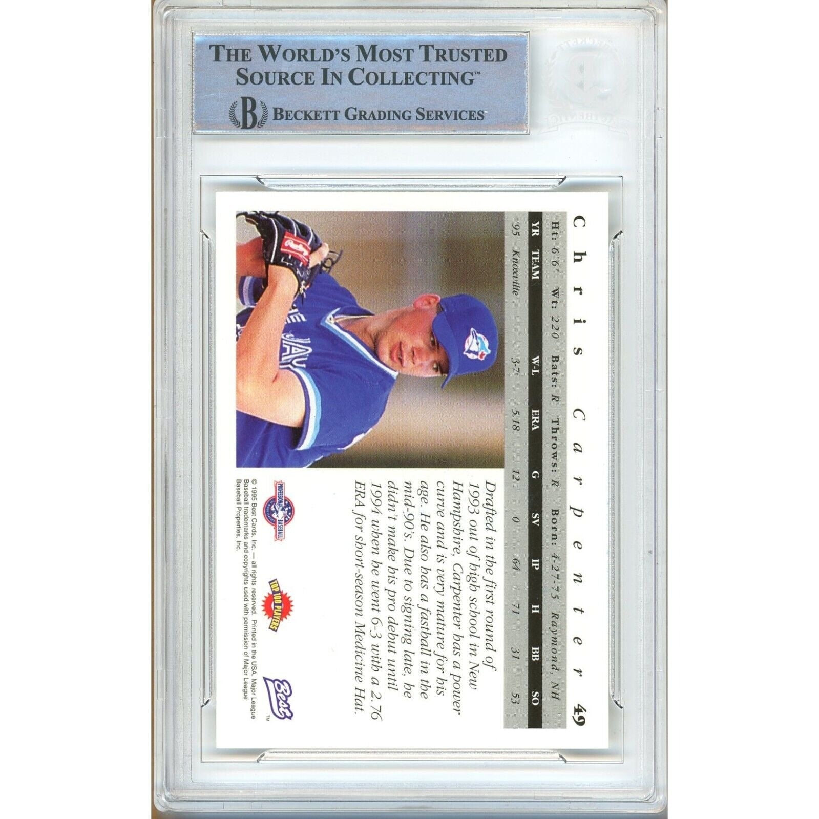 1995 Chris Carpenter Toronto Blue Jays Autograph Trading Card – Beckett BAS