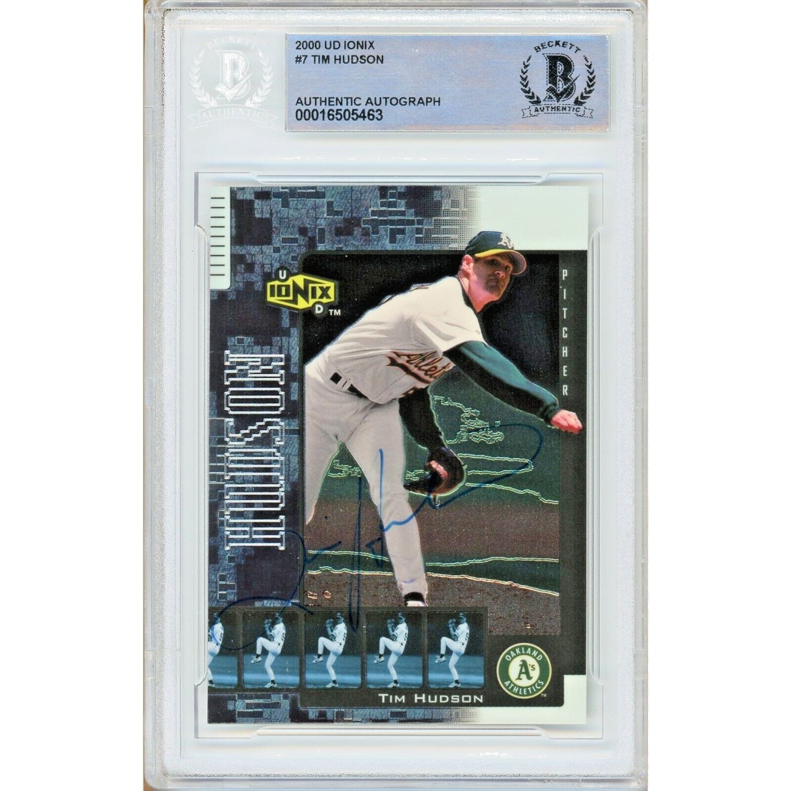 Baseballs- Autographed- Tim Hudson Oakland Athletics Signed 2000 Upper Deck Ionix Trading Card Beckett Authentic Auto Slab Front