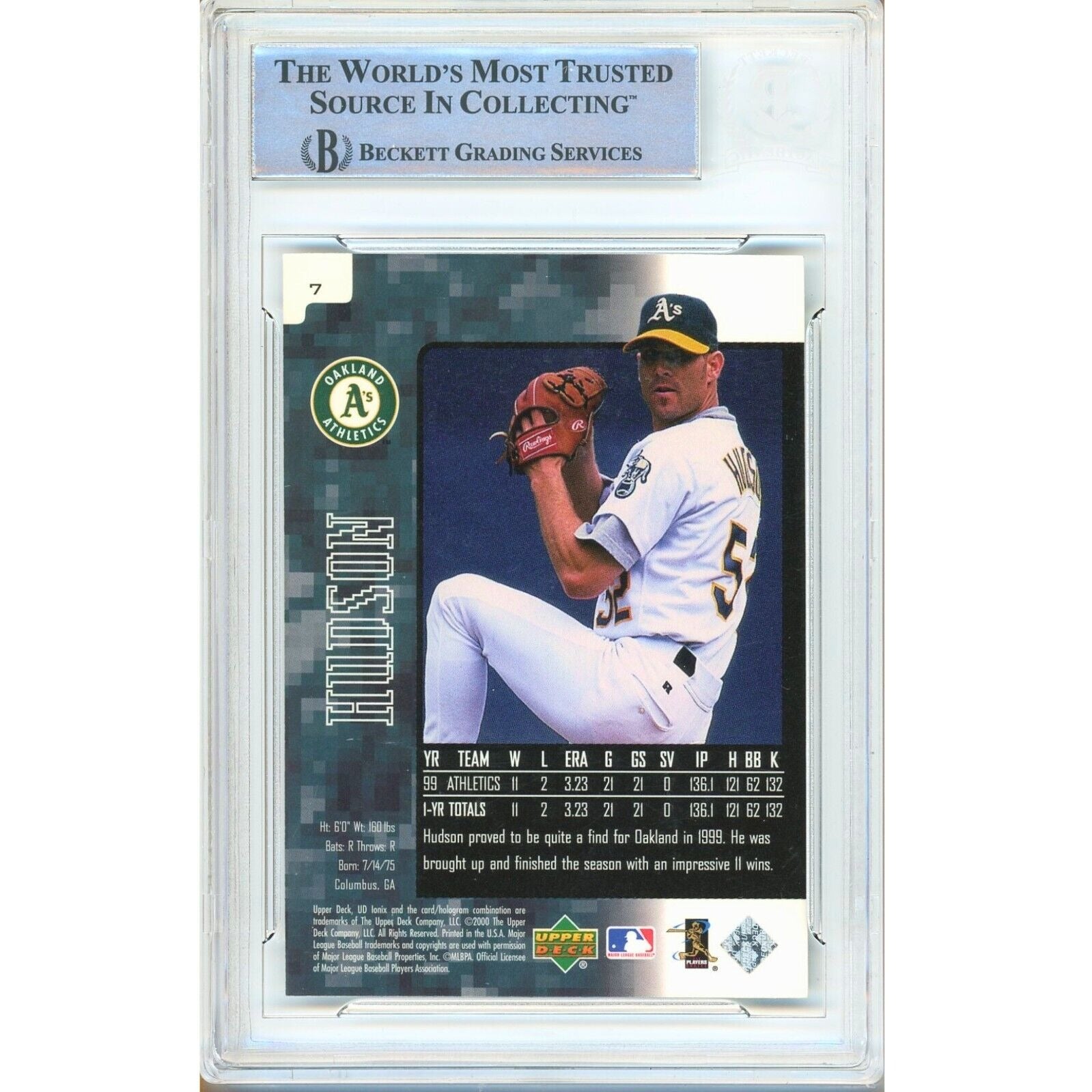 Baseballs- Autographed- Tim Hudson Oakland Athletics Signed 2000 Upper Deck Ionix Trading Card Beckett Authentic Auto Slab Back