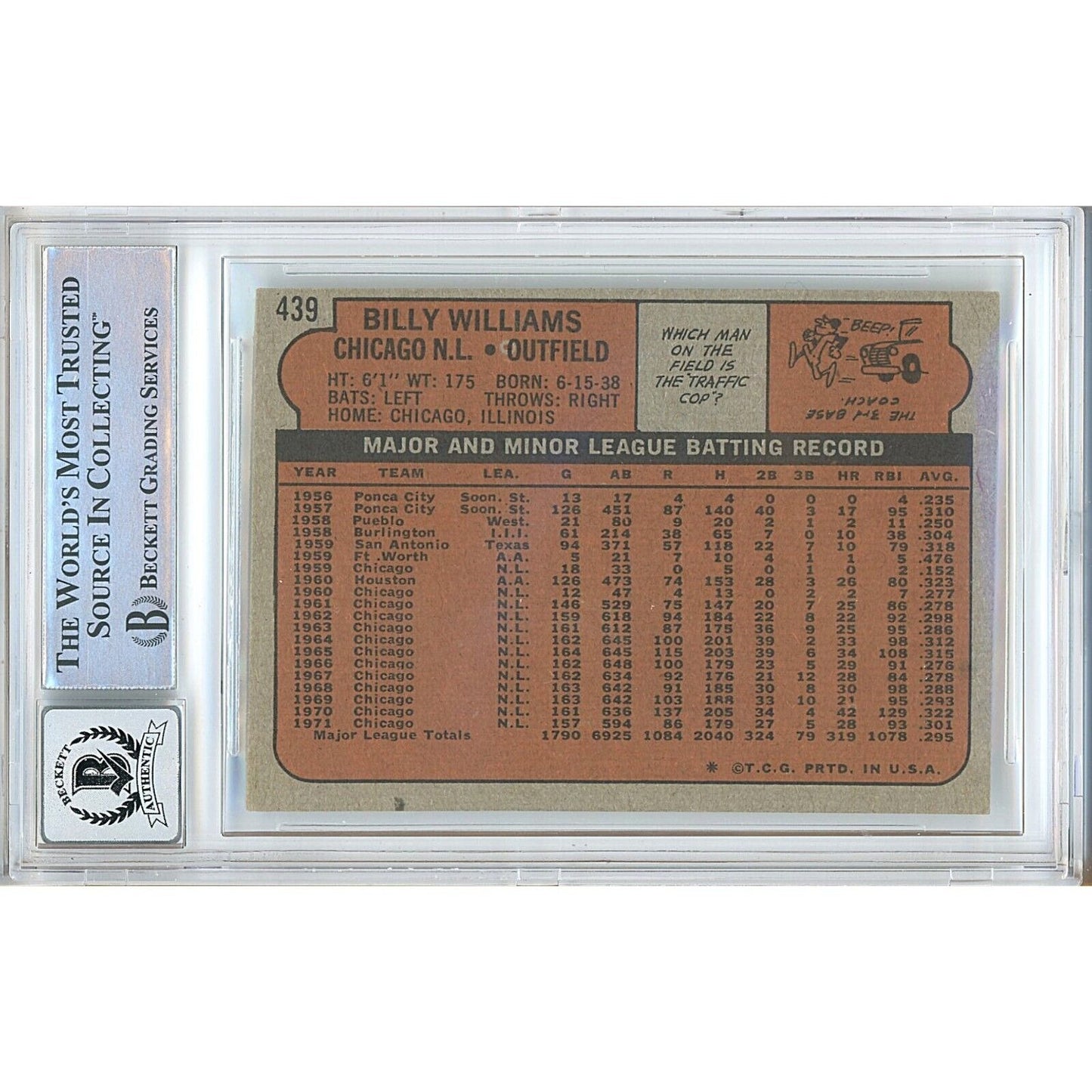 Billy Williams Chicago Cubs Signed 1972 Topps Baseball Card BGS Auto 10 Graded Slab