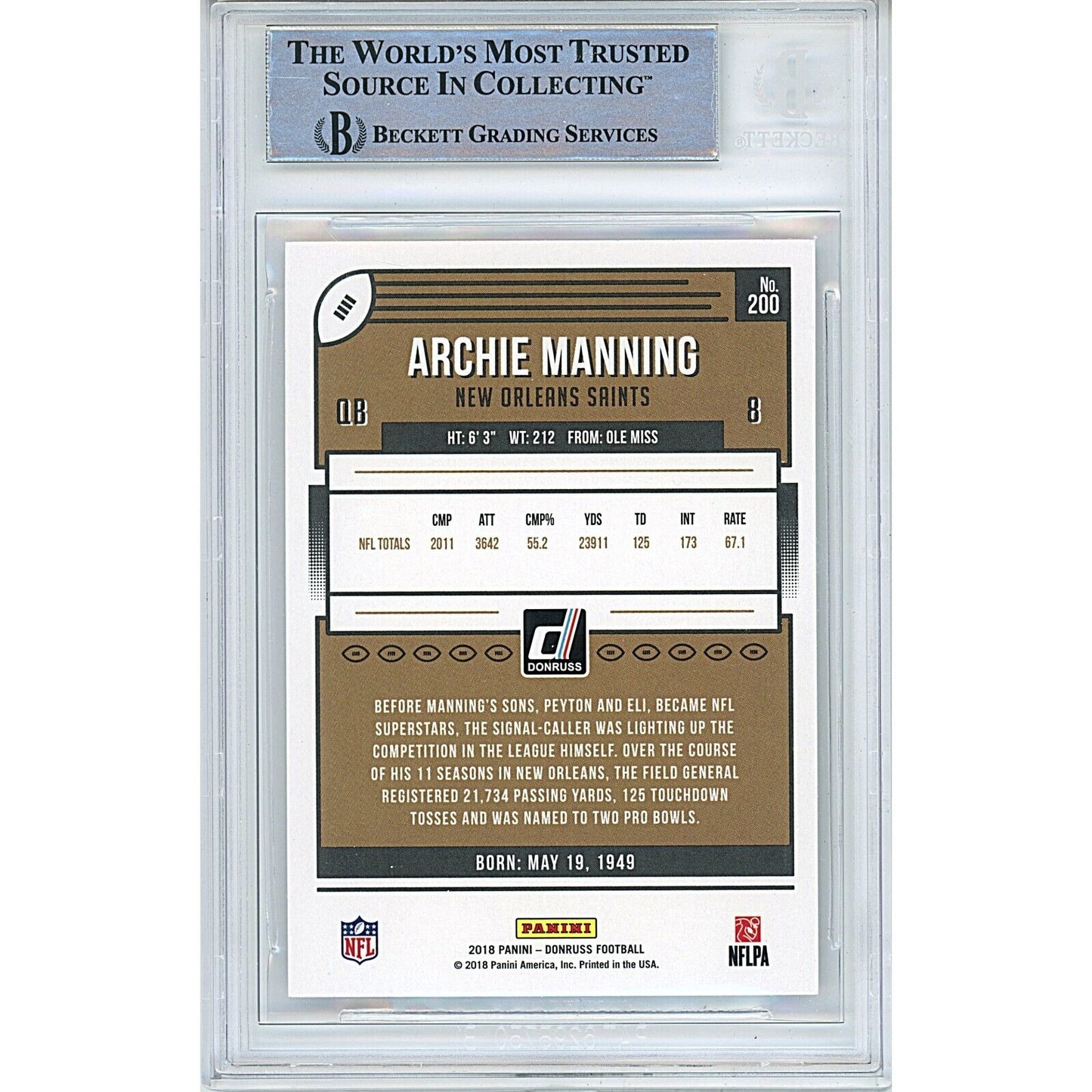 Footballs- Autographed- Archie Manning New Orleans Saints Signed 2018 Donruss Football Card Beckett Authentic Auto Slab Back