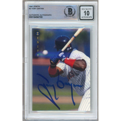 Baseballs- Autographed- Tony Gwynn San Diego Padres Signed 1997 Pinnacle Zenith Trading Card Beckett Authentic BGS Auto-10 Graded Slab Front