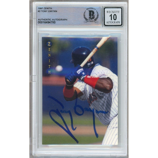 Baseballs- Autographed- Tony Gwynn San Diego Padres Signed 1997 Pinnacle Zenith Trading Card Beckett Authentic BGS Auto-10 Graded Slab Front