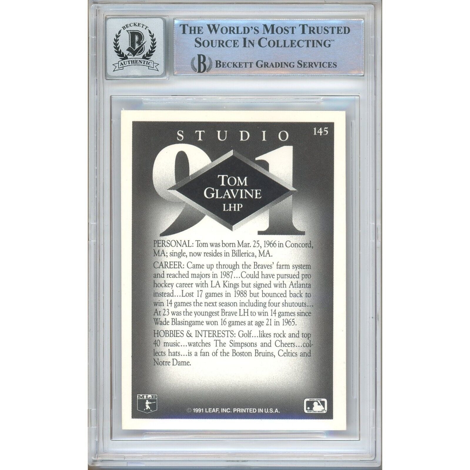 Baseballs- Autographed- Tom Glavine Atlanta Braves Signed 1991 Donruss Studio Trading Card Beckett Authentic BGS Auto-10 Graded Slab Back