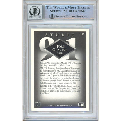 Baseballs- Autographed- Tom Glavine Atlanta Braves Signed 1991 Donruss Studio Trading Card Beckett Authentic BGS Auto-10 Graded Slab Back