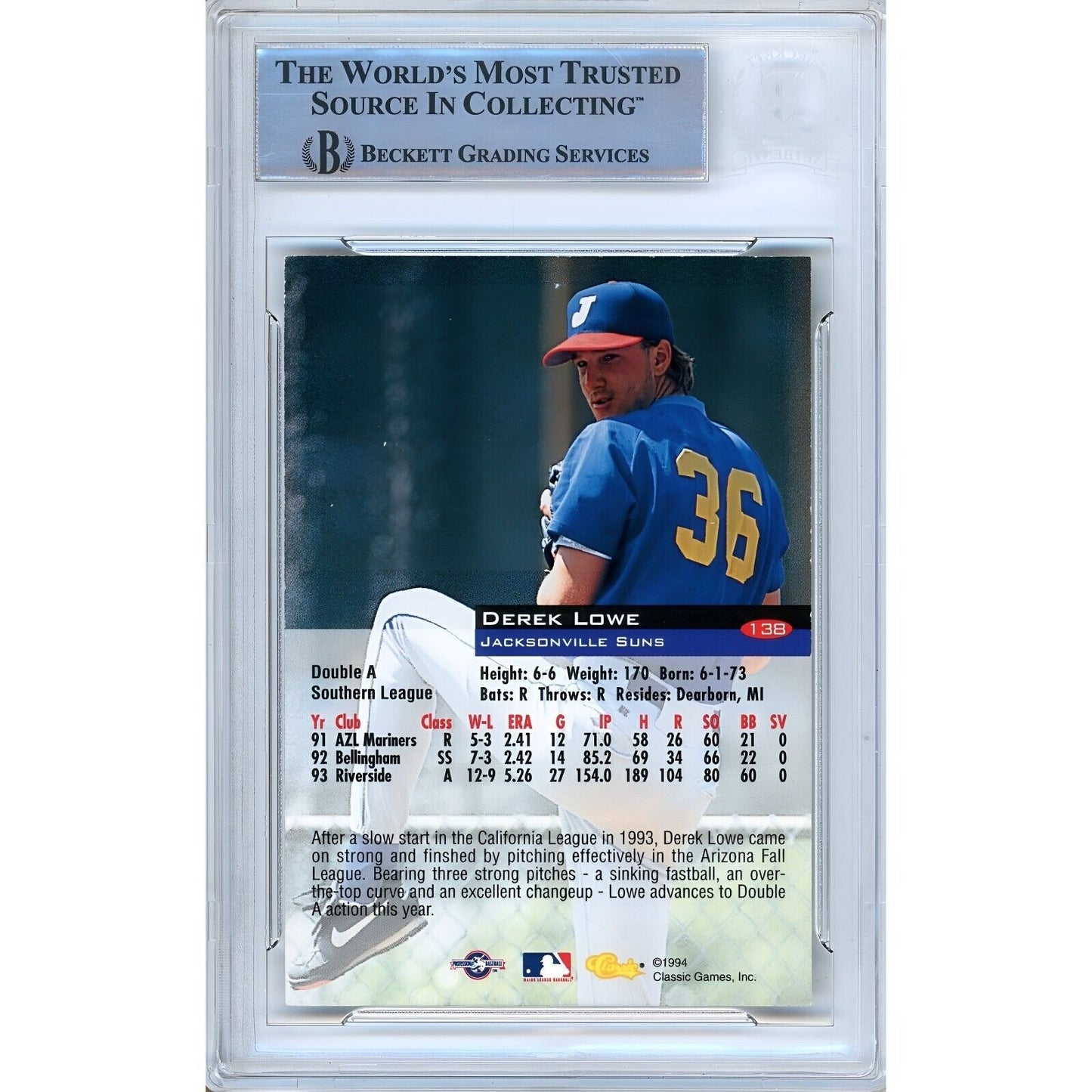 Baseballs- Autographed- Derek Lowe Boston Red Sox Signed 1994 Classic Baseball Rookie Card Beckett Authentic Auto Slab Back