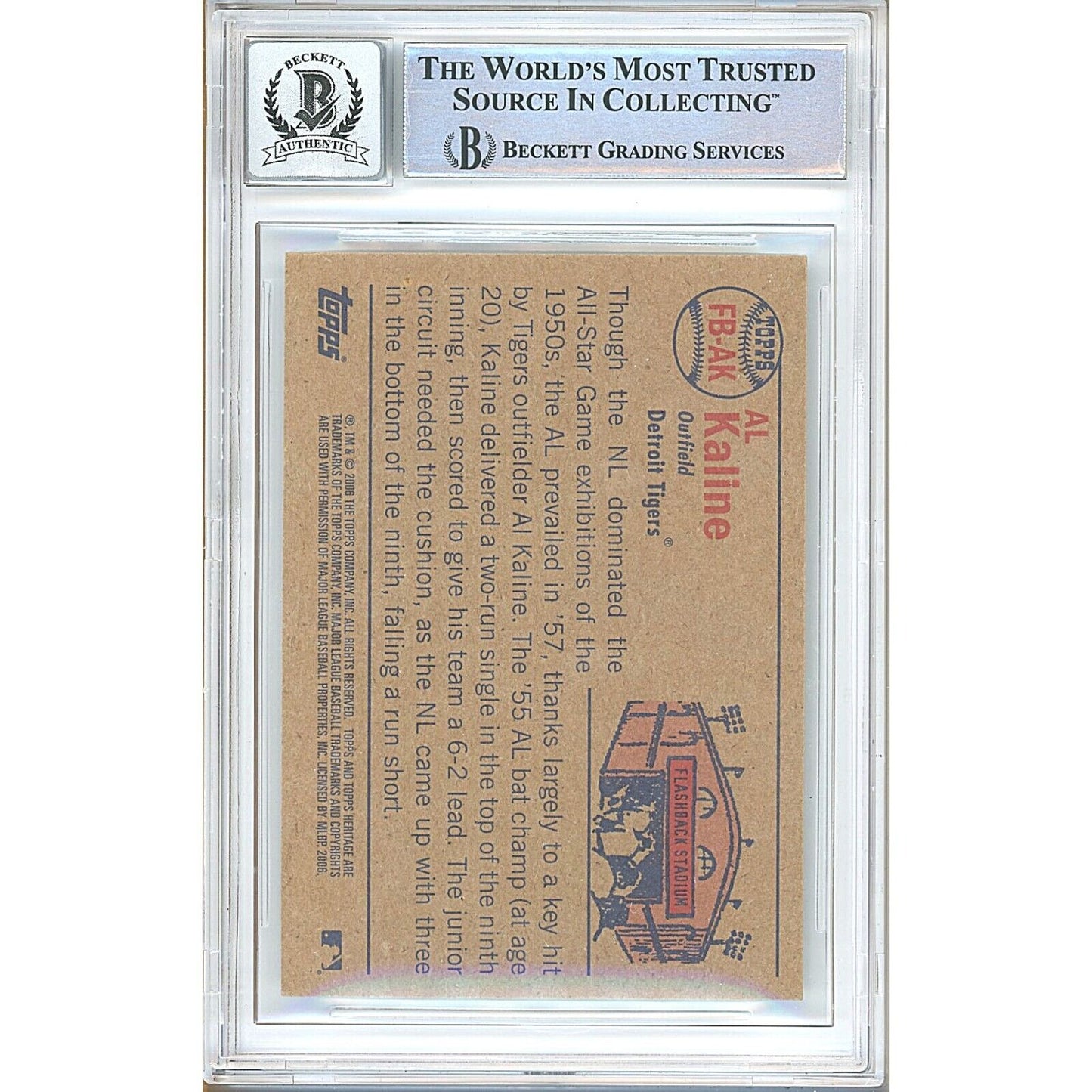 Baseballs- Autographed- Al Kaline Detroit Tigers Signed 2006 Topps Heritage Throwbacks Baseball Card Beckett Authenticated Auto Slab Back