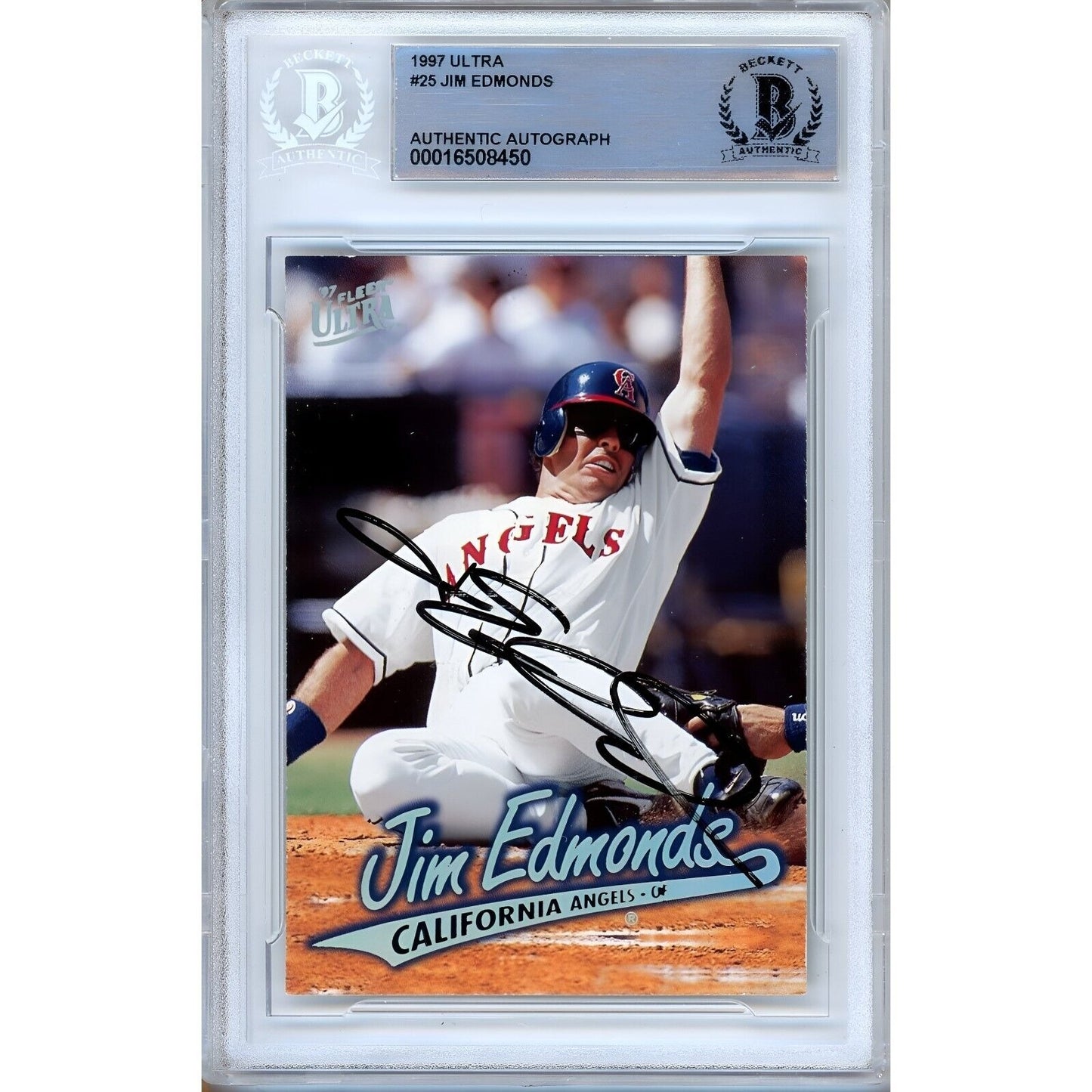 Baseballs- Autographed- Jim Edmonds Los Angeles Angels Signed 1997 Fleer Ultra Baseball Card Beckett Authentic Auto Slab Front