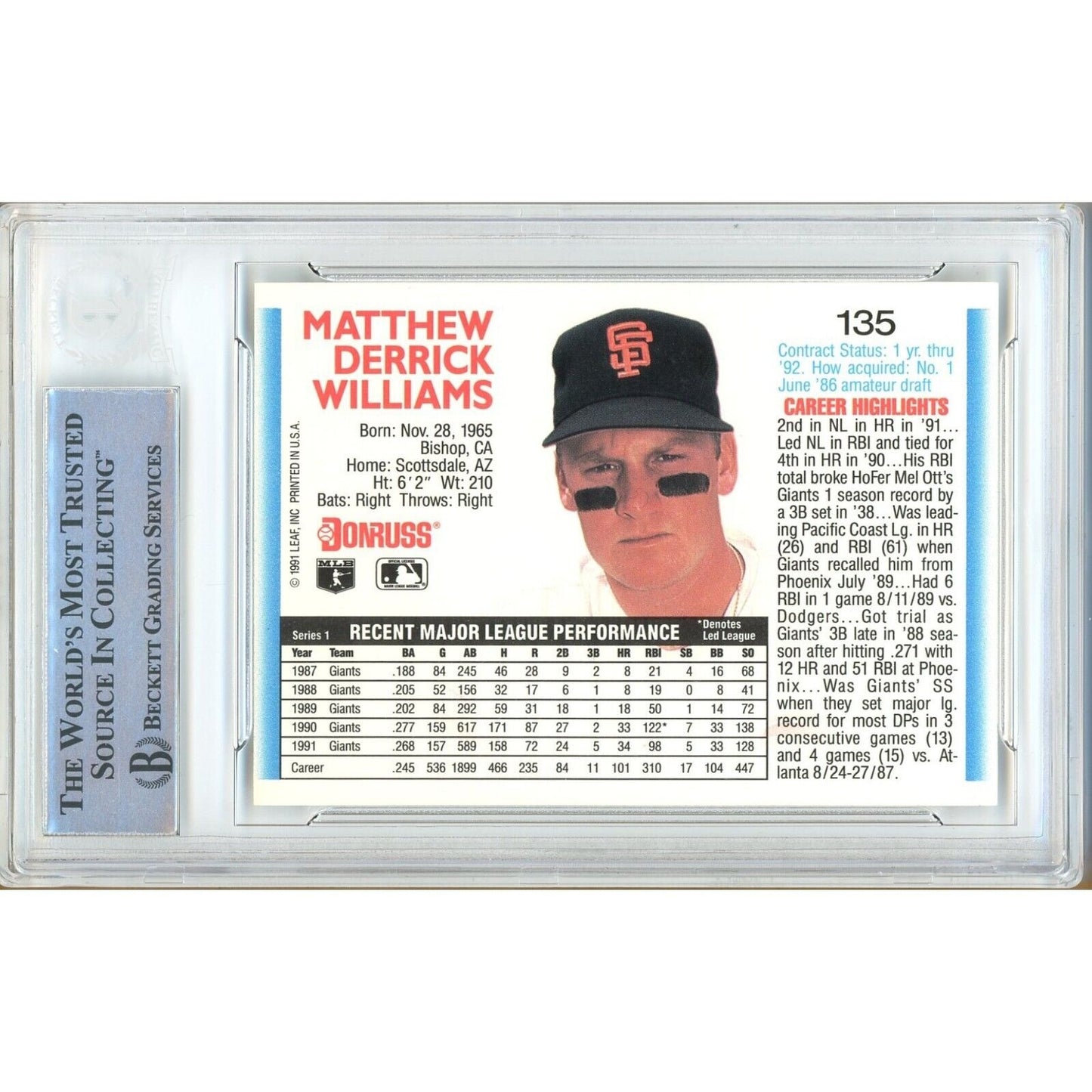 Baseballs- Autographed- Matt Williams San Francisco Giants Signed 1992 Donruss Baseball Card Beckett Authentic Auto Slab Back