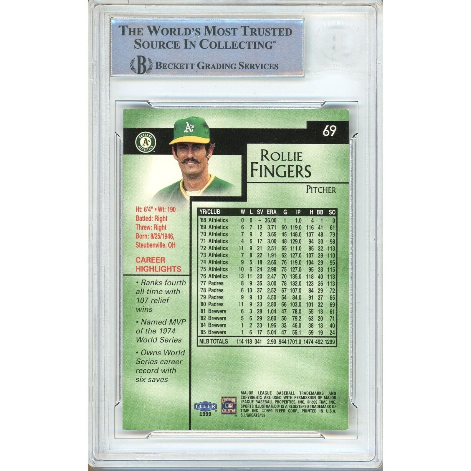 Rollie Fingers signed trading card – signature close-up – Beckett COA