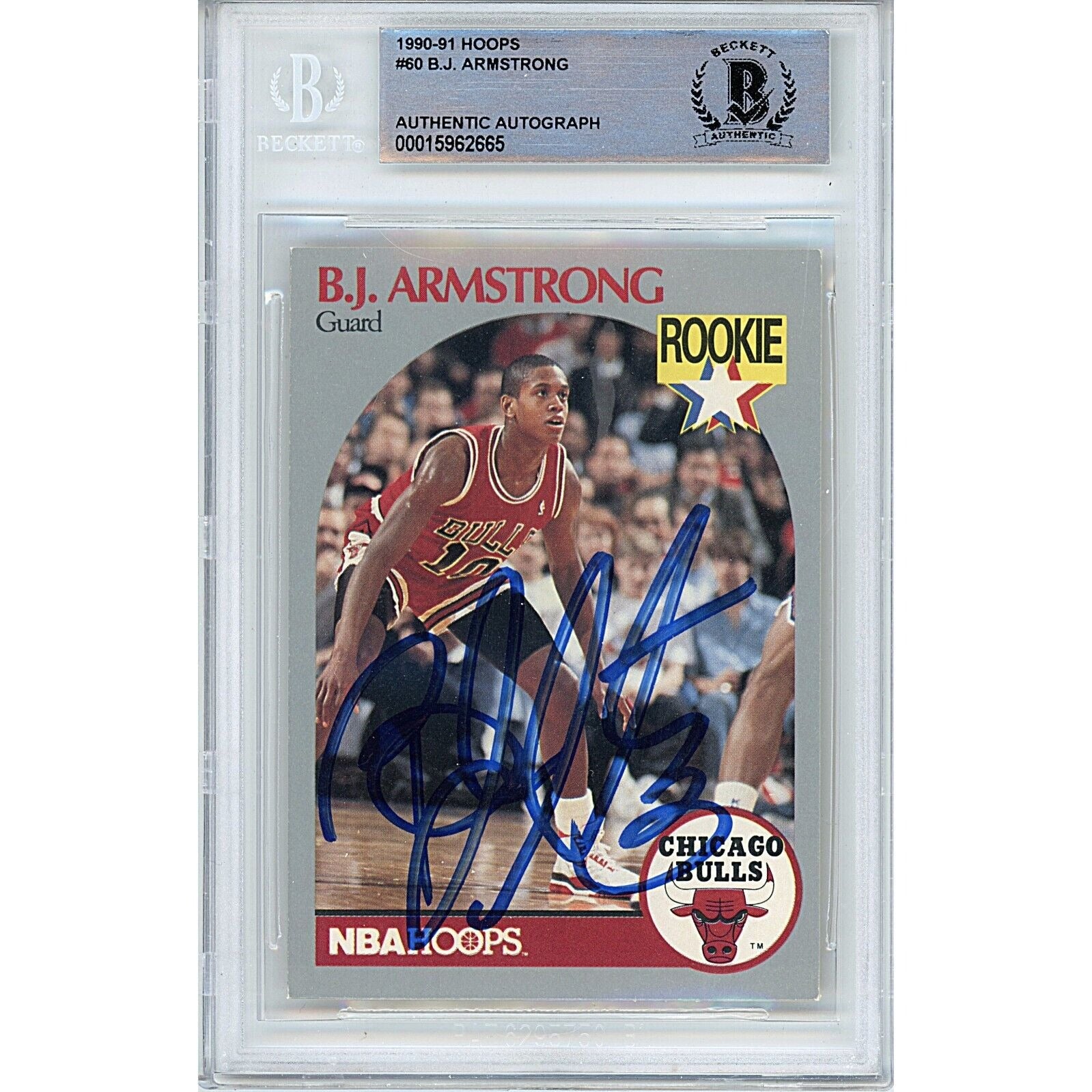 Basketballs- Autographed- BJ Armstrong Chicago Bulls Signed 1990-91 NBA Hoops Rookie Basketball Card Beckett Authentic Auto Slab Front