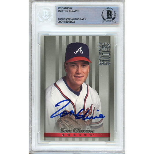 Baseballs- Autographed- Tom Glavine Atlanta Braves Signed 1997 Donruss Studio Trading Card Beckett Authentic Auto Slab Front