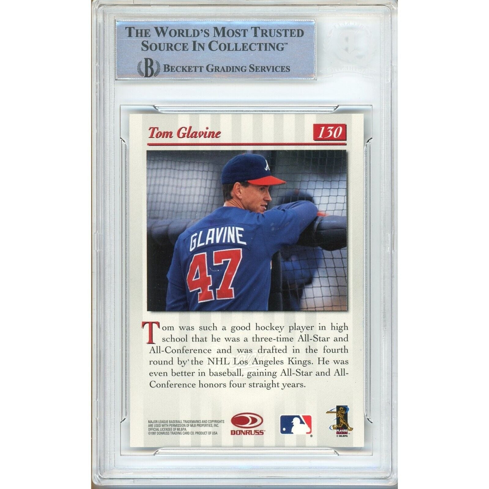 Baseballs- Autographed- Tom Glavine Atlanta Braves Signed 1997 Donruss Studio Trading Card Beckett Authentic Auto Slab Back