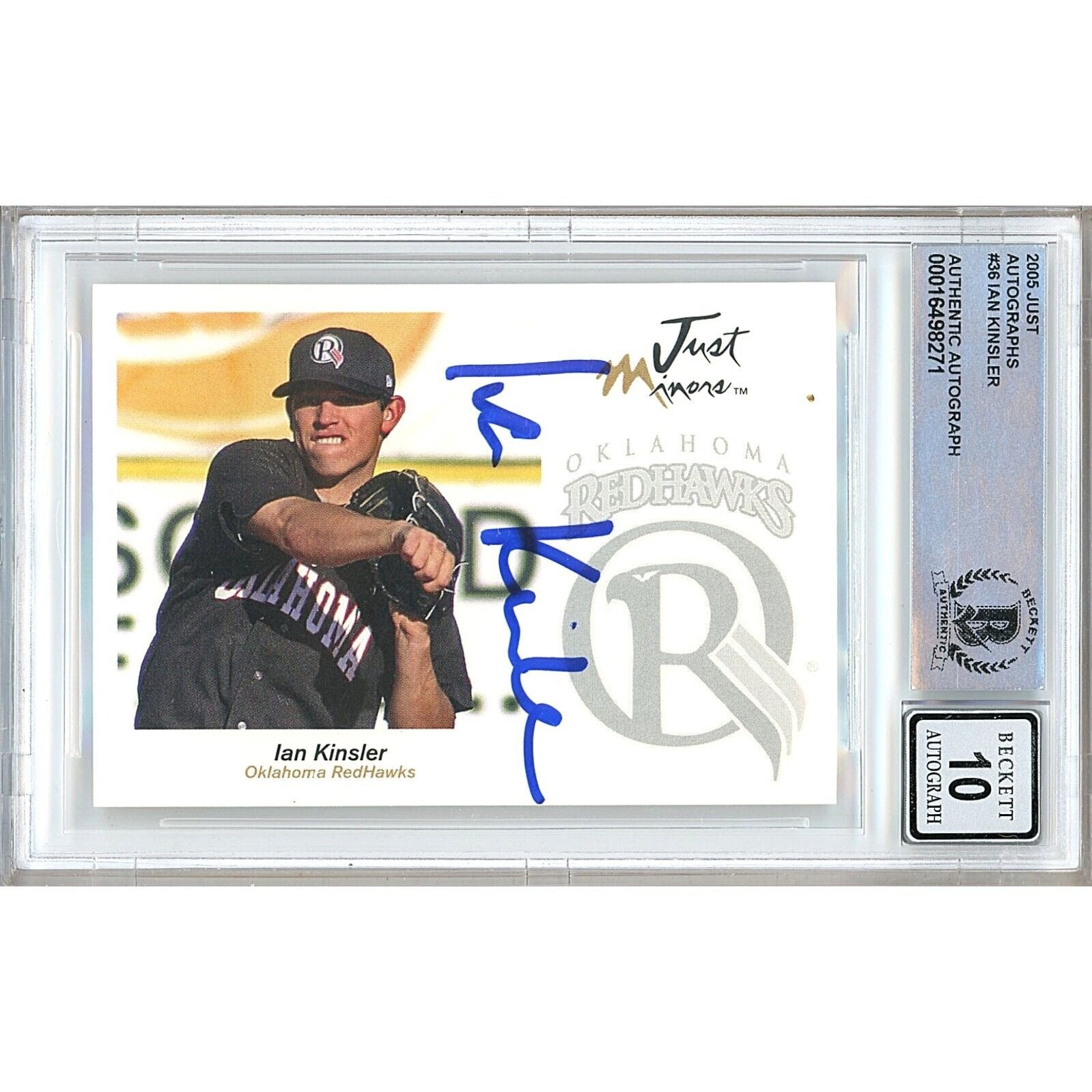 Baseballs- Autographed- Ian Kinsler Texas Rangers Signed 2005 Just Minors Autographs Baseball Card Beckett Authentic BGS Auto-10 Graded Slab Front