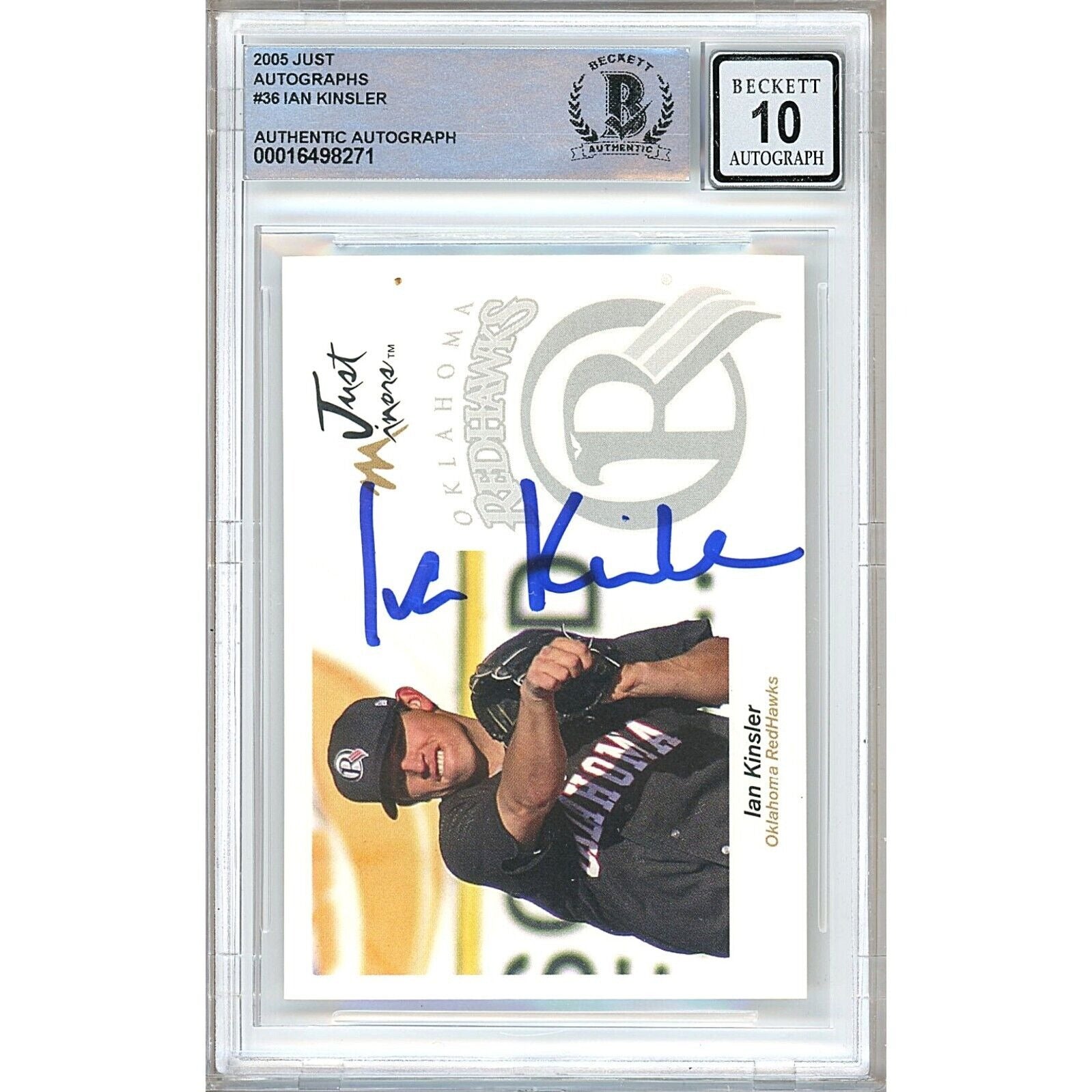 Baseballs- Autographed- Ian Kinsler Texas Rangers Signed 2005 Just Minors Autographs Baseball Card Beckett Authenticated BGS Auto-10 Graded Slab Front