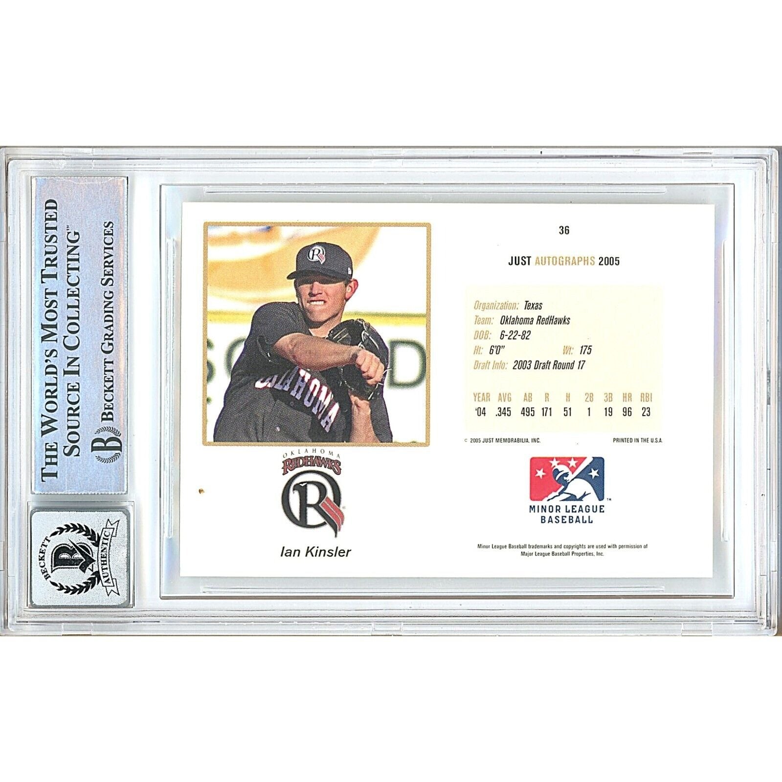 Baseballs- Autographed- Ian Kinsler Texas Rangers Signed 2005 Just Minors Autographs Baseball Card Beckett Authentic BGS Auto-10 Graded Slab Back