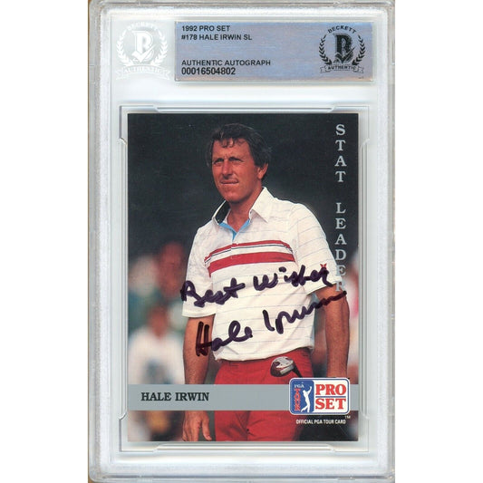 Golf- Autographed- Hale Irwin Signed 1992 PGA Tour Pro Set Golf Stat Leaders Trading Card Beckett Authentic Auto Slab Front