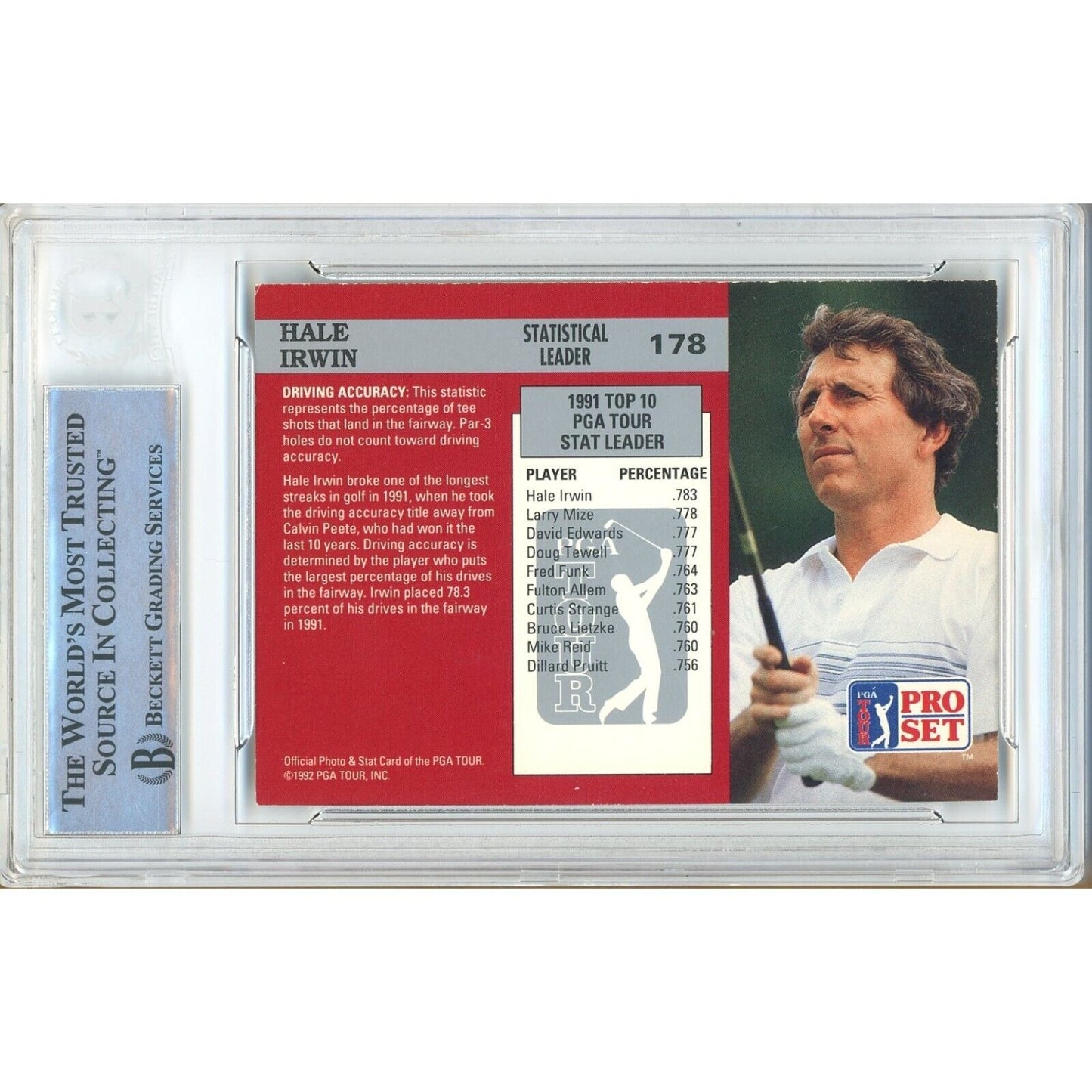 Golf- Autographed- Hale Irwin Signed 1992 PGA Tour Pro Set Golf Stat Leaders Trading Card Beckett Authentic Auto Slab Back