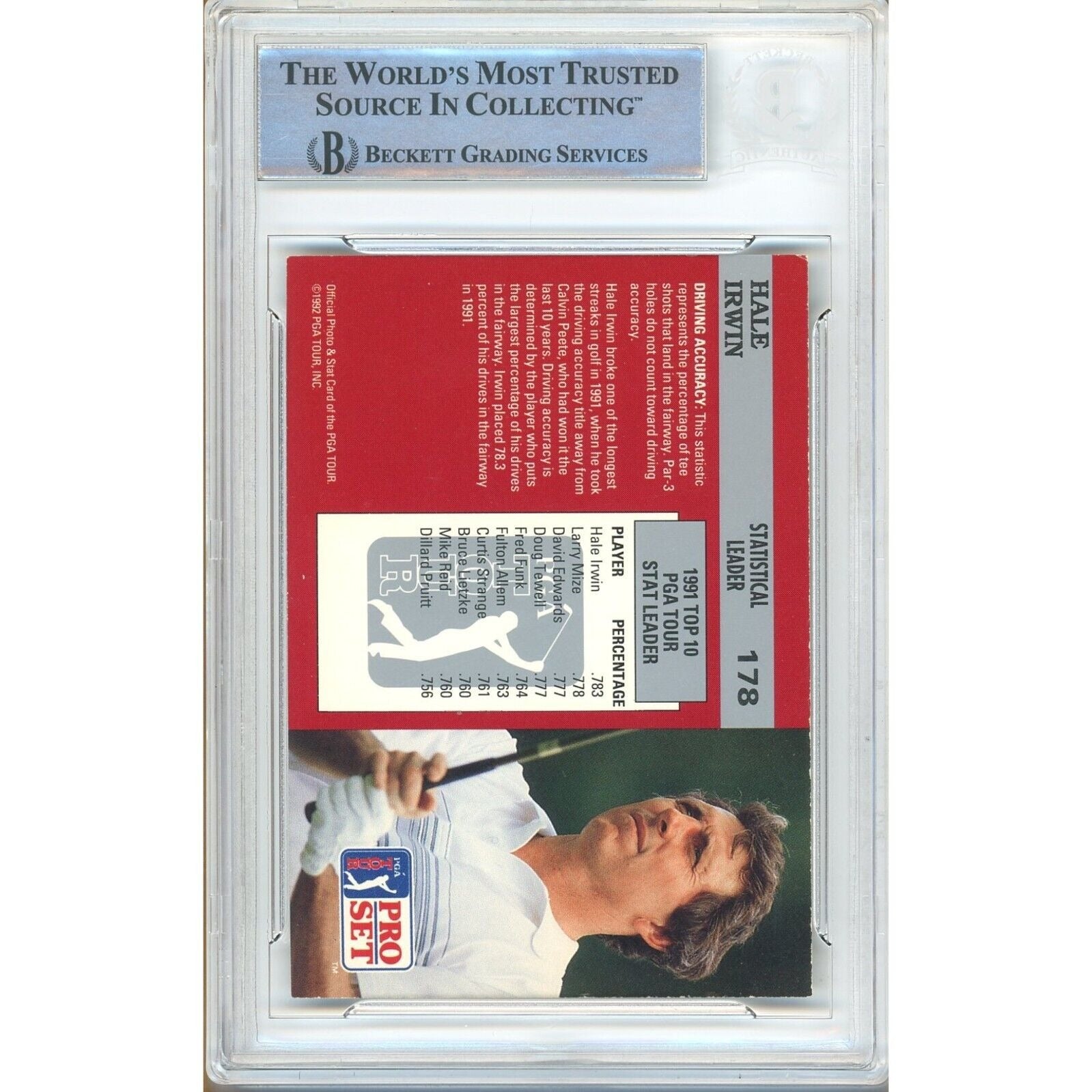 Golf- Autographed- Hale Irwin Signed 1992 PGA Tour Pro Set Golf Stat Leaders Trading Card Beckett Authenticated Auto Slab Back