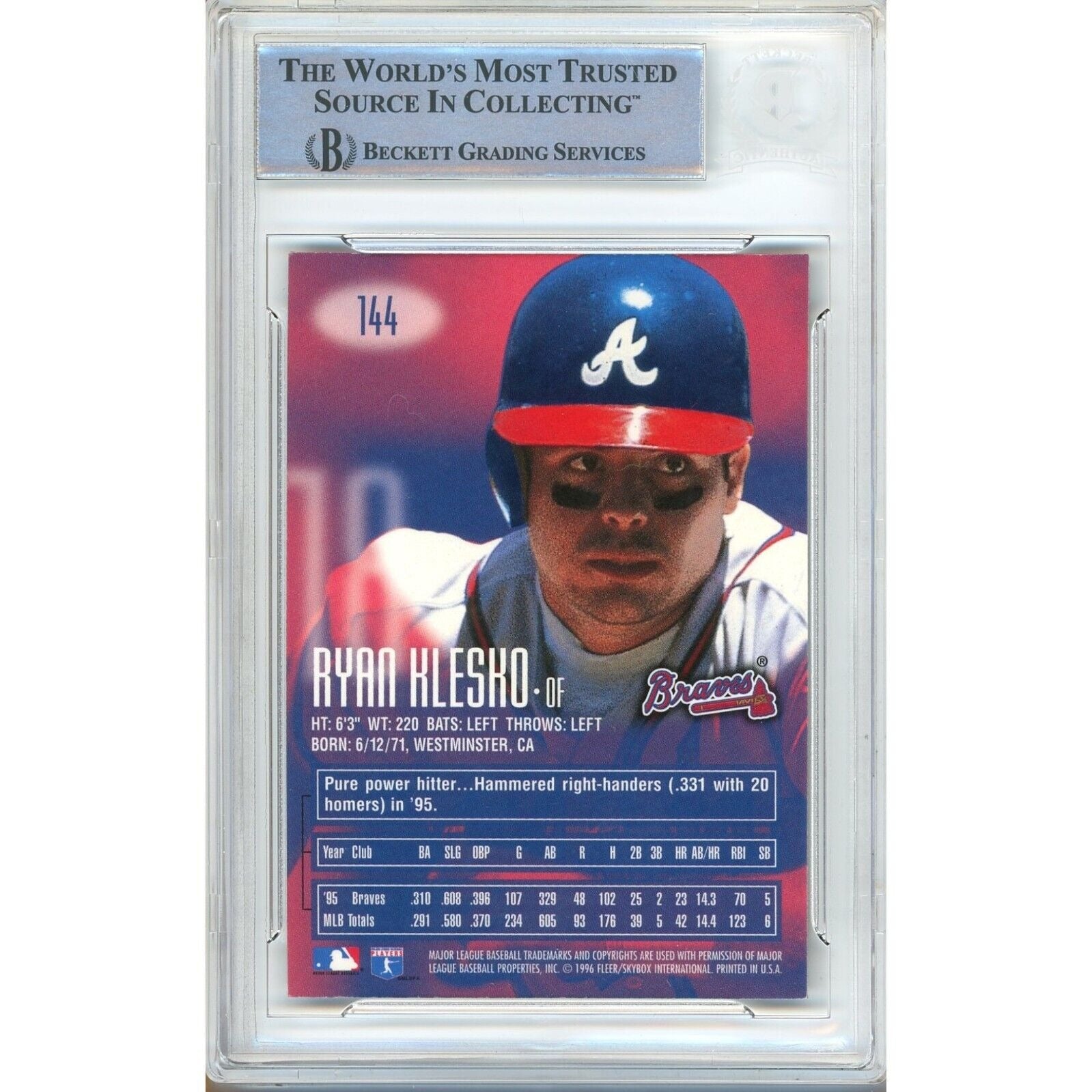 Ryan Klesko Atlanta Braves signed trading card – signature close-up – Beckett COA