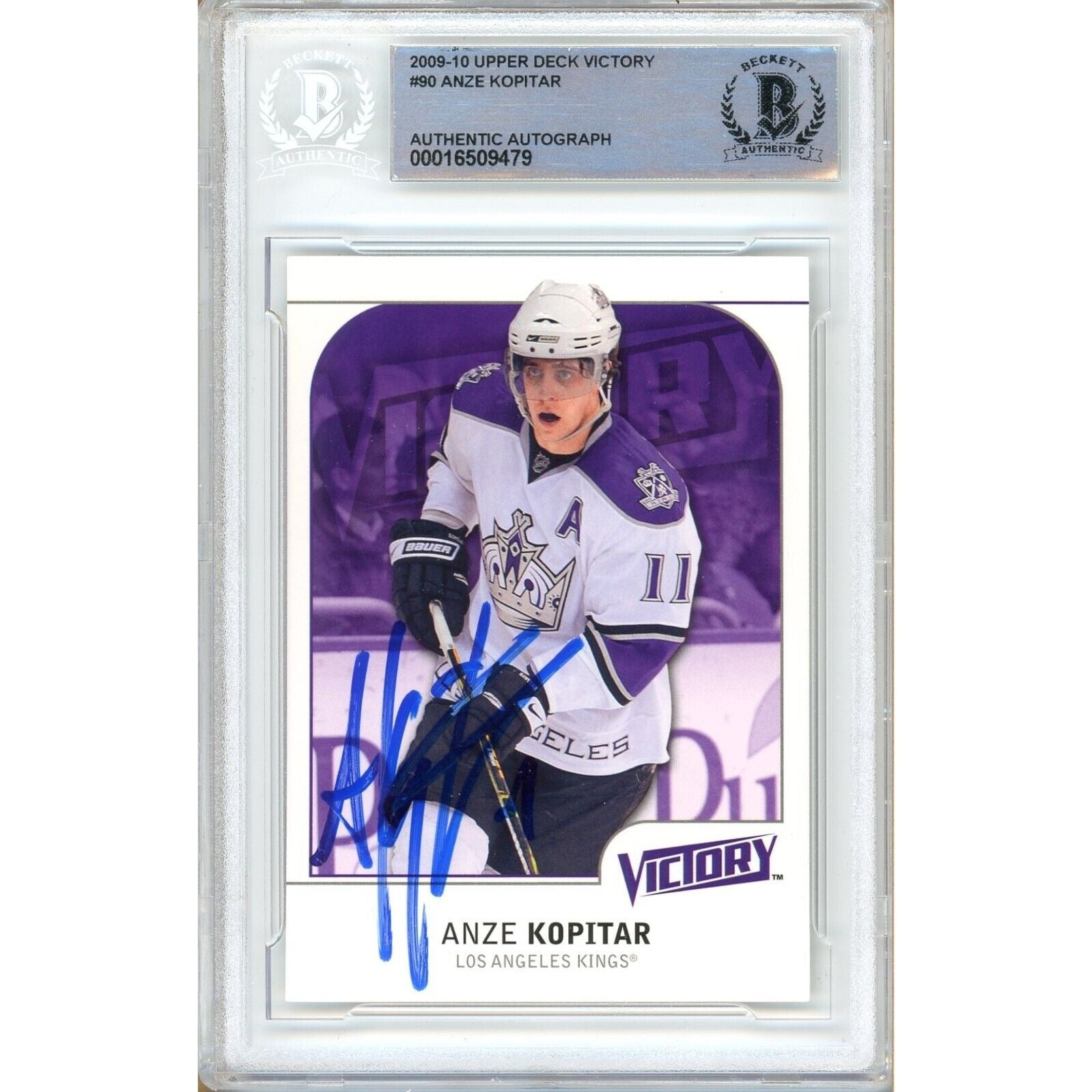 Hockey- Autographed- Anze Kopitar Los Angeles Kings Signed 2009-10 Upper Deck Victory Hockey Card Beckett Authentic Auto Slab Front