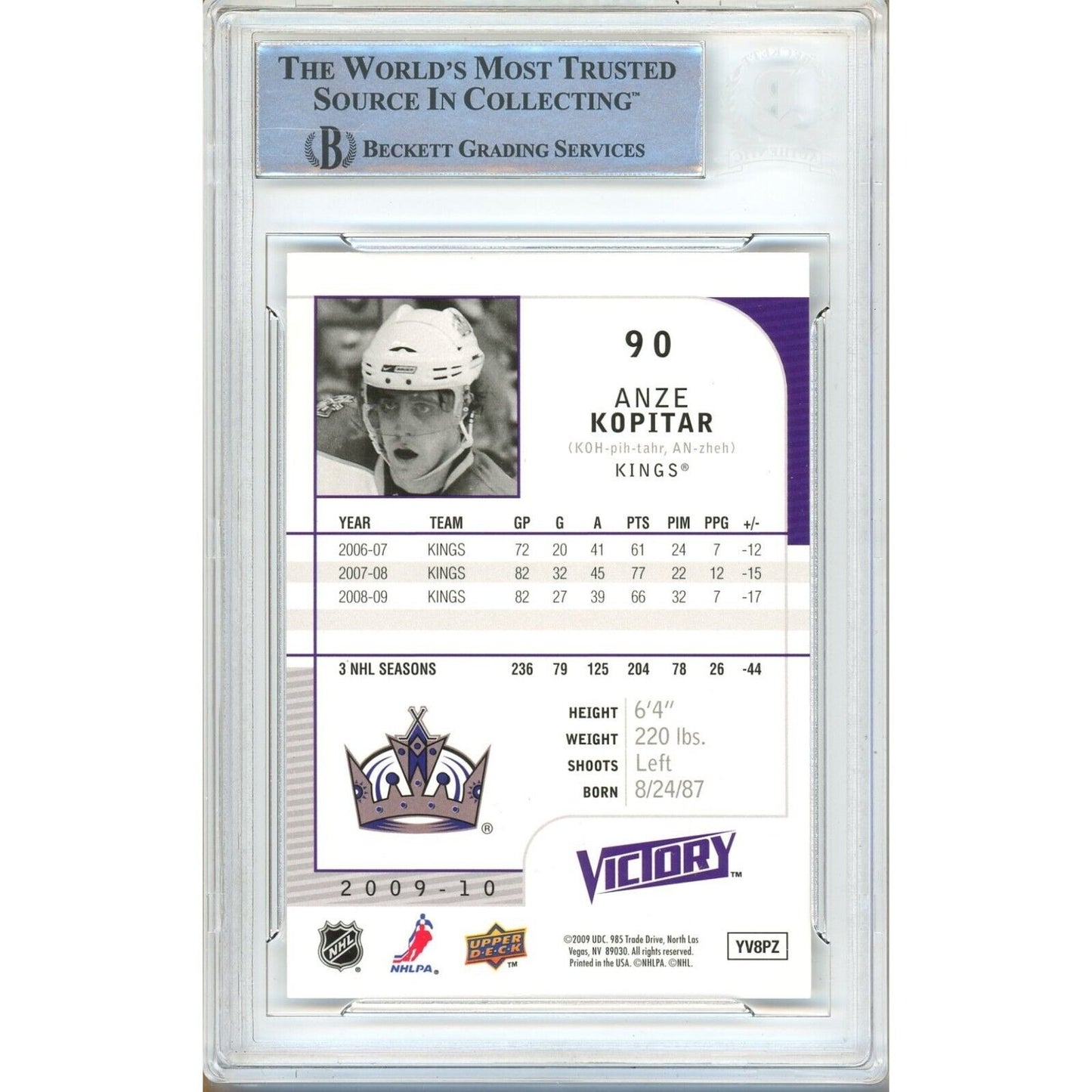 Hockey- Autographed- Anze Kopitar Los Angeles Kings Signed 2009-10 Upper Deck Victory Hockey Card Beckett Authentic Auto Slab Back