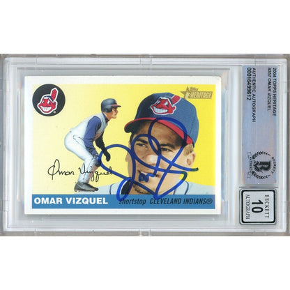 Baseballs- Autographed- Omar Vizquel Cleveland Indians Signed 2004 Topps Heritage Baseball Card Beckett Authentic BGS Auto-10 Graded Slab Front