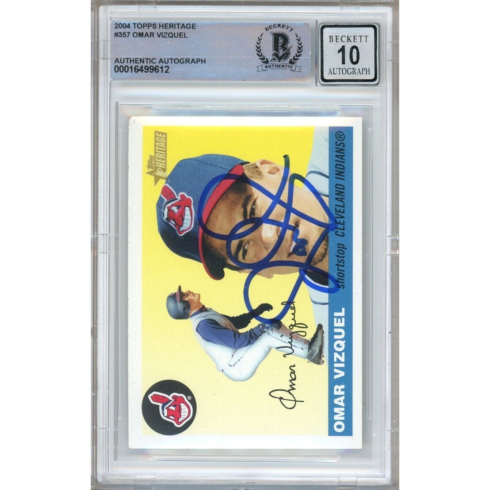 Baseballs- Autographed- Omar Vizquel Cleveland Guardians Signed 2004 Topps Heritage Baseball Card Beckett Authentic BGS Auto-10 Graded Slab Front