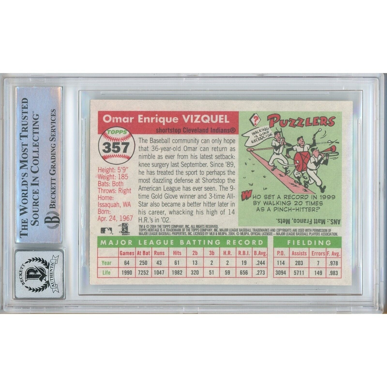 Baseballs- Autographed- Omar Vizquel Cleveland Indians Signed 2004 Topps Heritage Baseball Card Beckett Authentic BGS Auto-10 Graded Slab Back