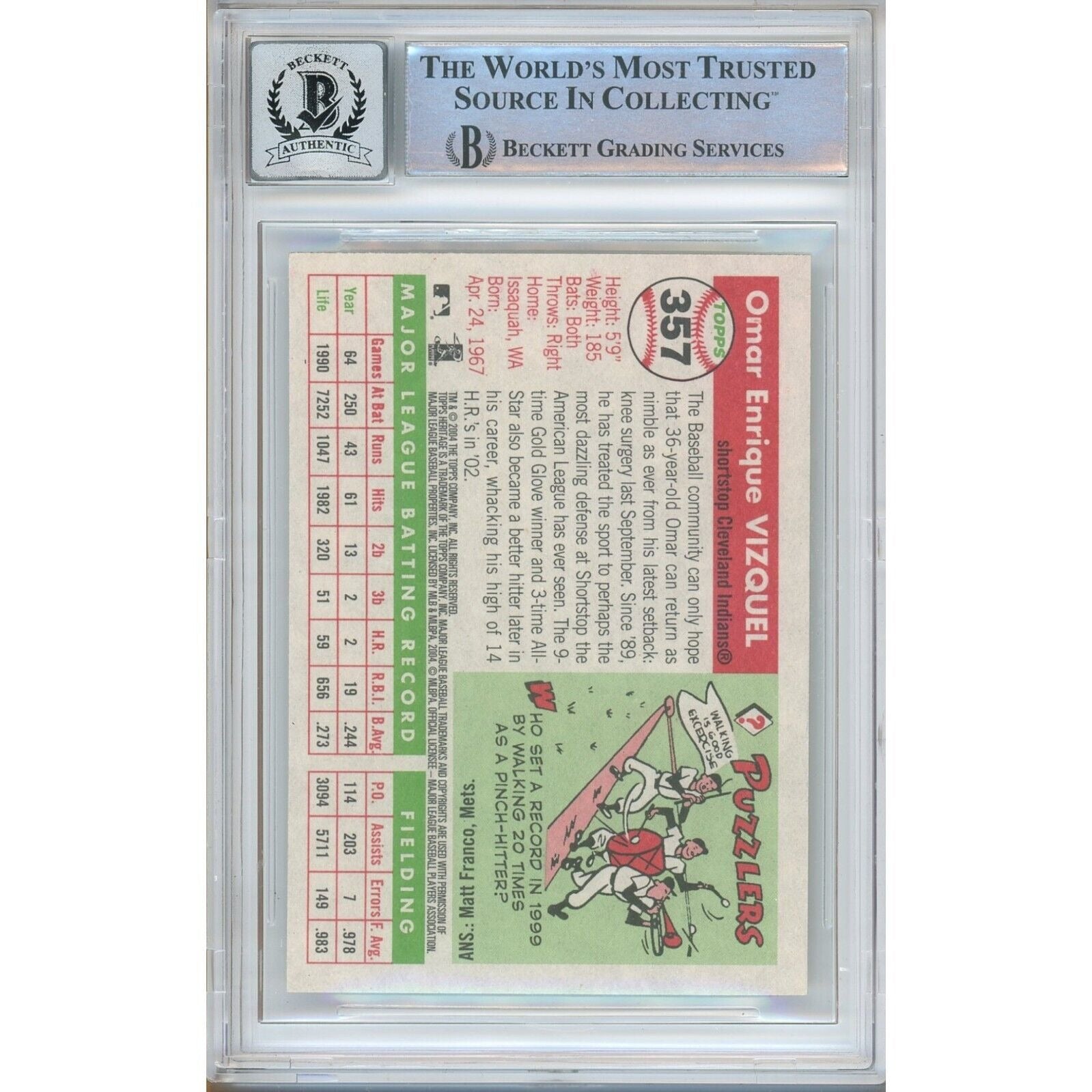 Omar Vizquel Cleveland Indians Signed Auto Trading Card Beckett BGS