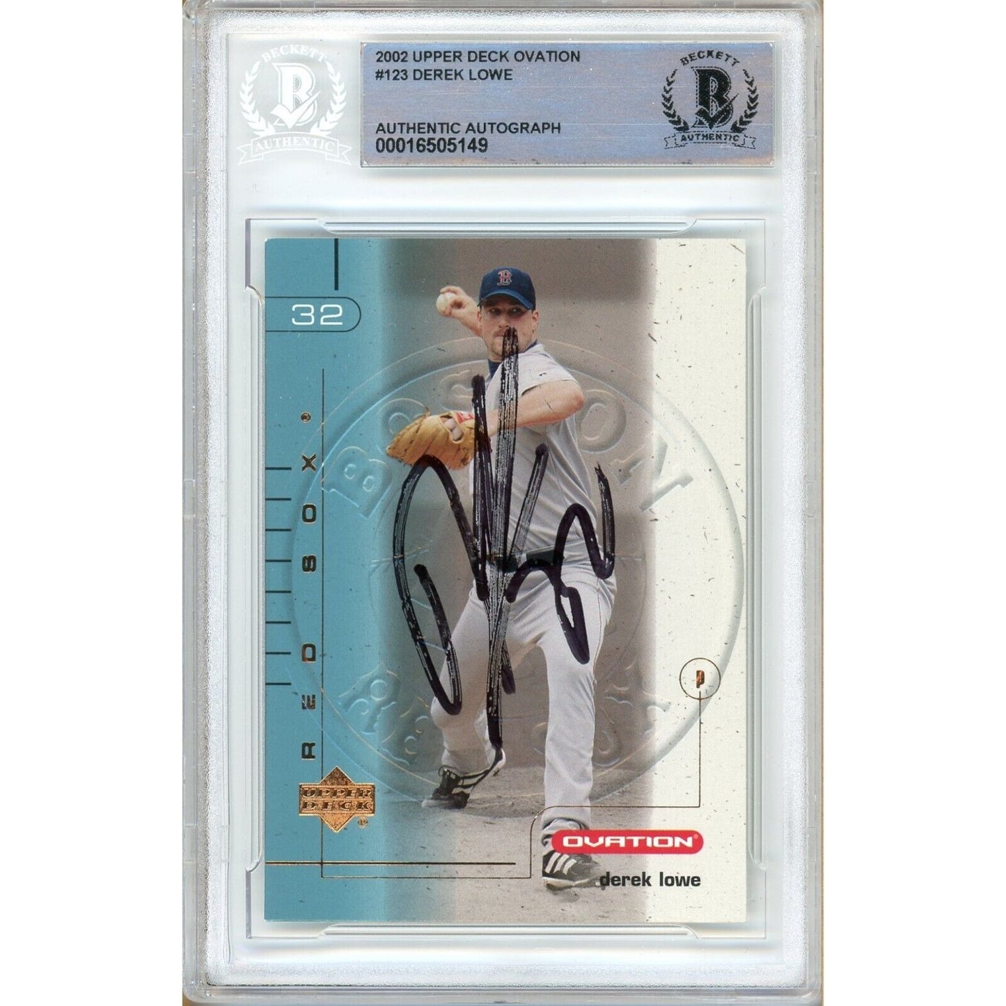 Baseballs- Autographed- Derek Lowe Boston Red Sox Signed 2002 Upper Deck Ovation Baseball Card Beckett Authentic Auto Slab Front