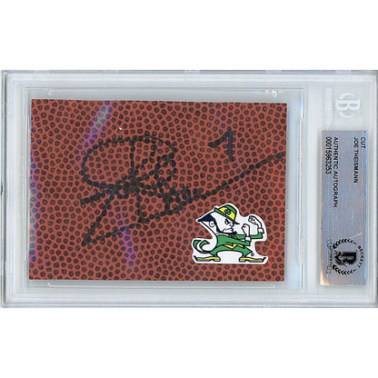 Footballs- Autographed- Joe Theismann Signed Unversity of Notre Dame Football Signature Cut Beckett Authentic Auto Slab Front