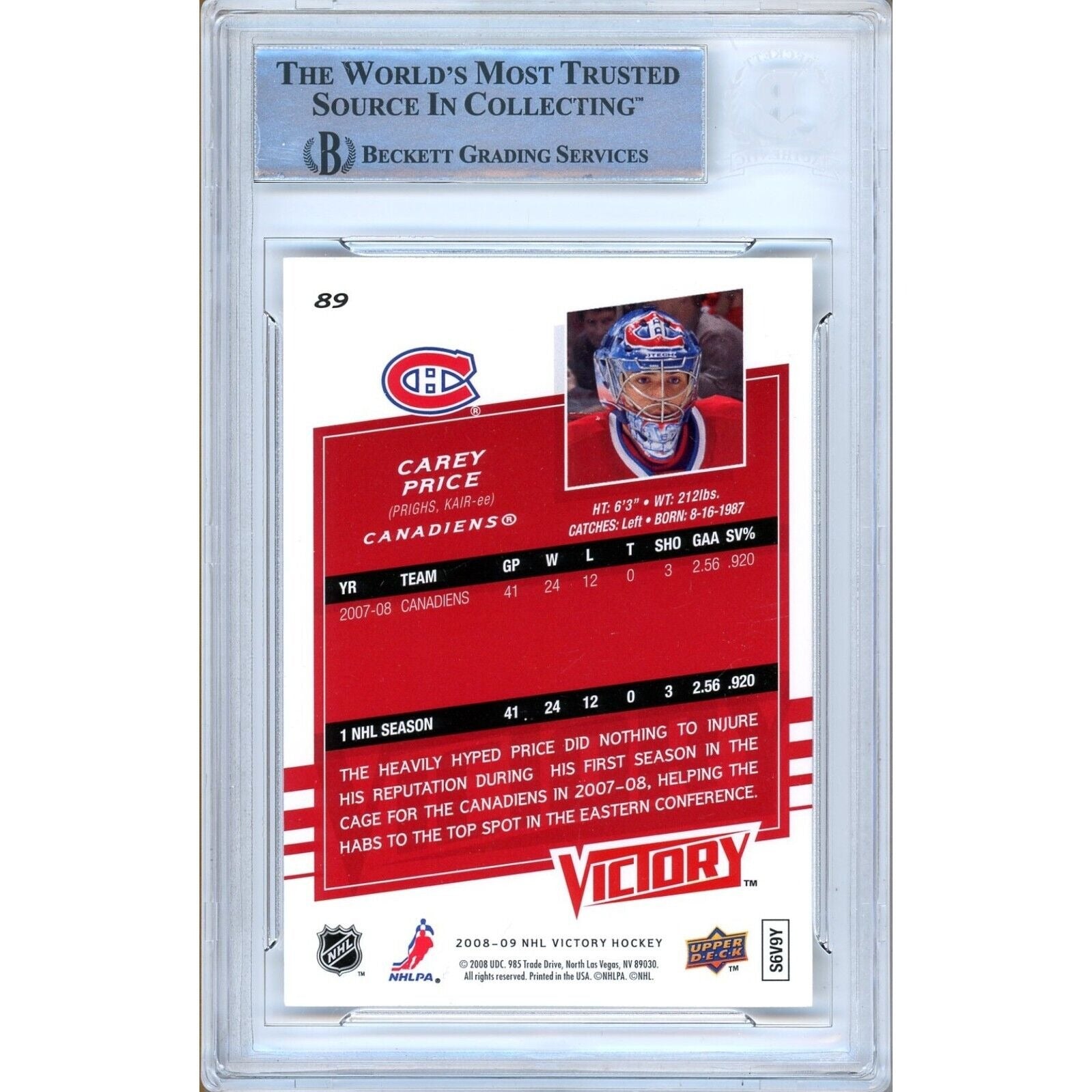 Hockey- Autographed- Carey Price Montreal Canadiens Signed 2008-09 Upper Deck Victory Hockey Card Beckett Authentic Auto Slab Back