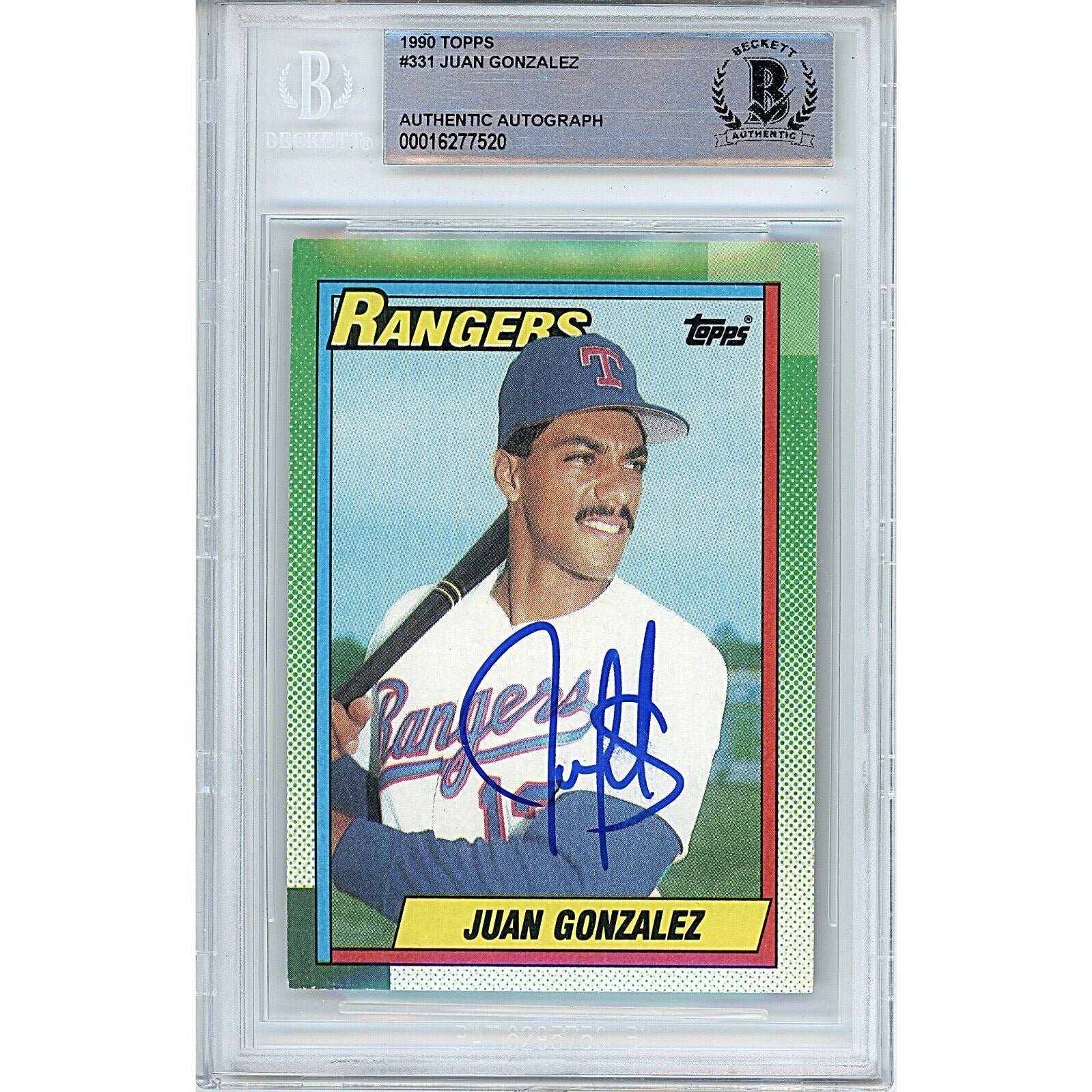 Baseballs- Autographed- Juan Gonzalez Texas Rangers Signed 1990 Topps Baseball Rookie Card Beckett Authentic Auto Slab Front