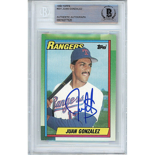 Baseballs- Autographed- Juan Gonzalez Texas Rangers Signed 1990 Topps Baseball Rookie Card Beckett Authentic Auto Slab Front