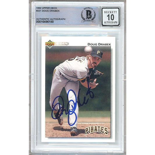 Baseballs- Autographed- Doug Drabek Pittsburgh Pirates Signed 1992 Upper Deck Baseball Card Beckett Authentic BGS Auto-10 Graded Slab Front