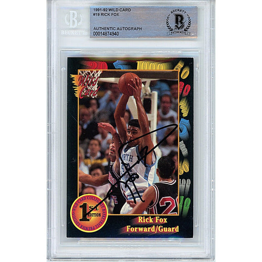 Basketballs- Autographed- Rick Fox UNC Tar Heels Signed 1991-92 Wild Card Basketball Trading Card Beckett Authentic Auto Slab Front