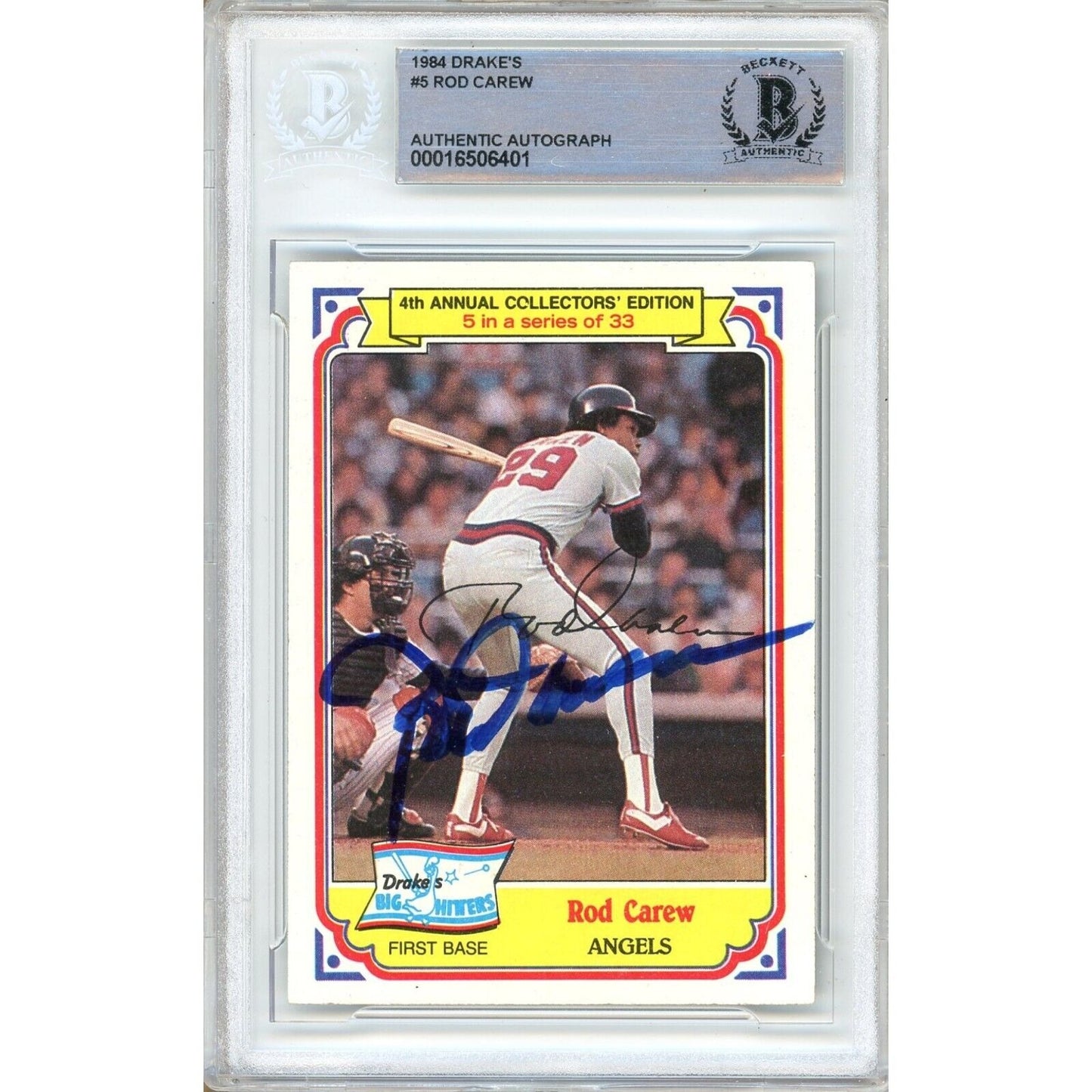 Baseballs- Autographed- Rod Carew Los Angeles Angels Signed 1984 Drake's Trading Card Beckett Authentic Auto Slab Front