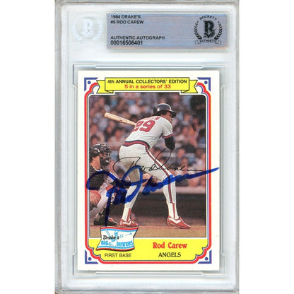 Baseballs- Autographed- Rod Carew Los Angeles Angels Signed 1984 Drake's Trading Card Beckett Authentic Auto Slab Front