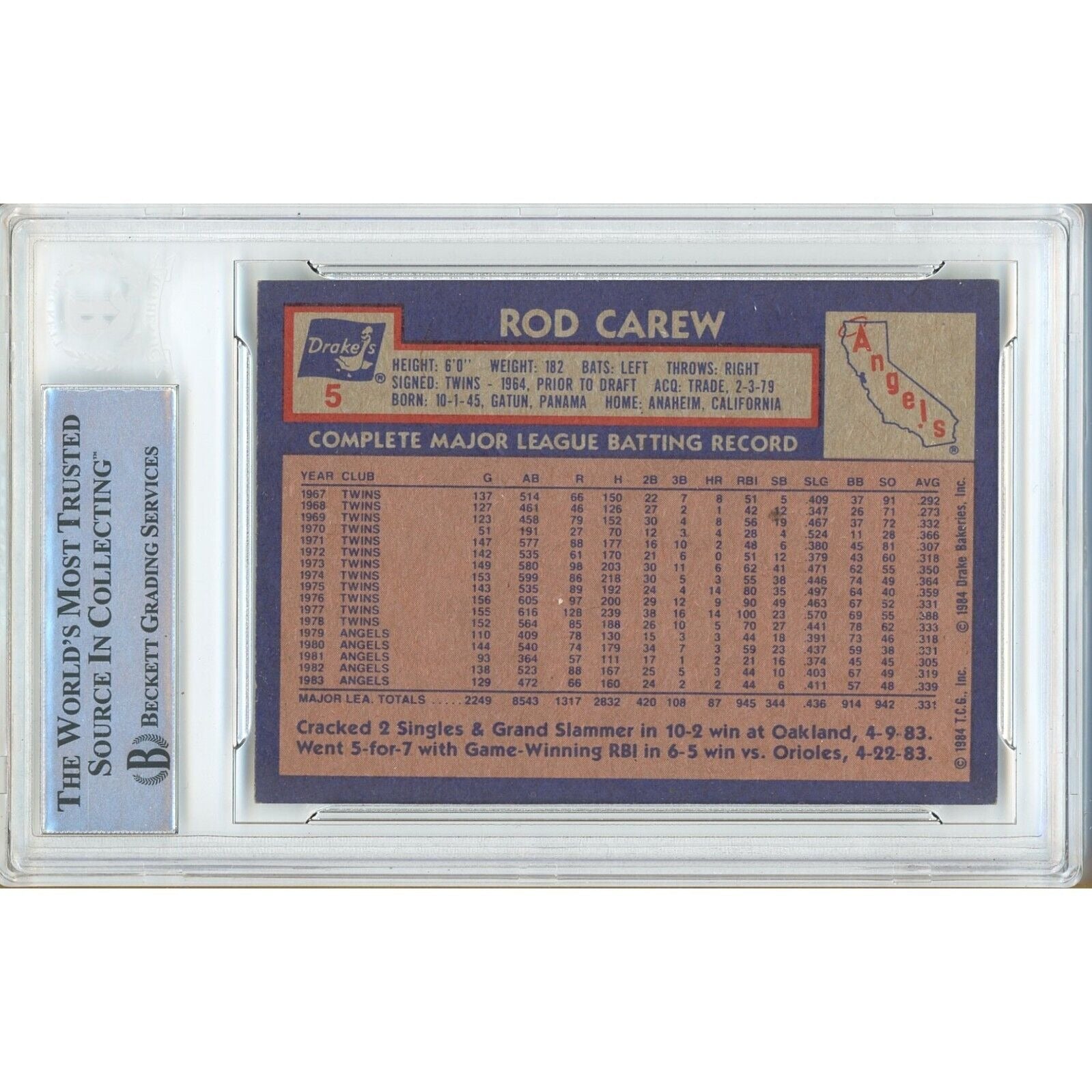 Rod Carew La Angels signed trading card – signature close-up – Beckett COA