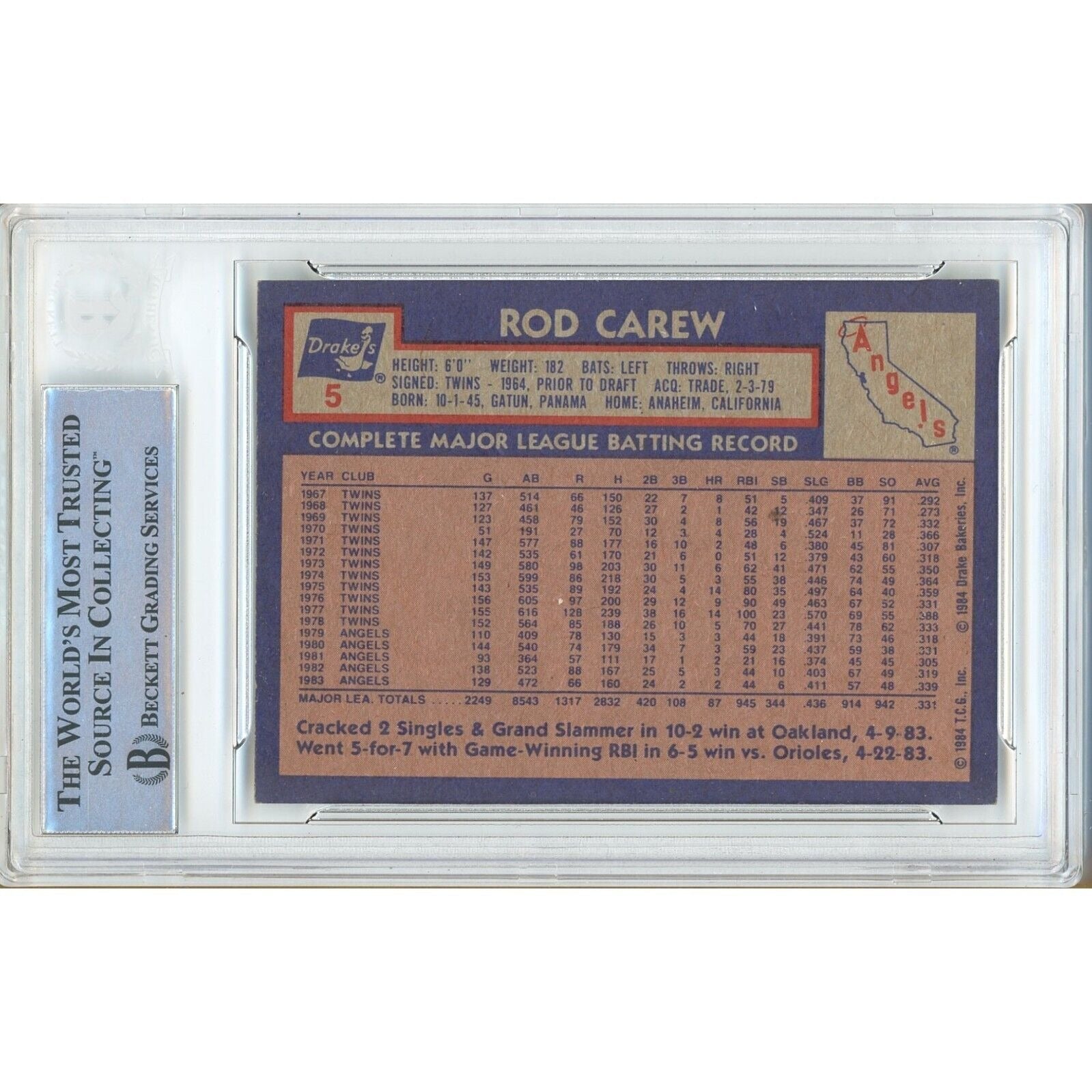 Rod Carew Signed Trading Card Beckett BAS