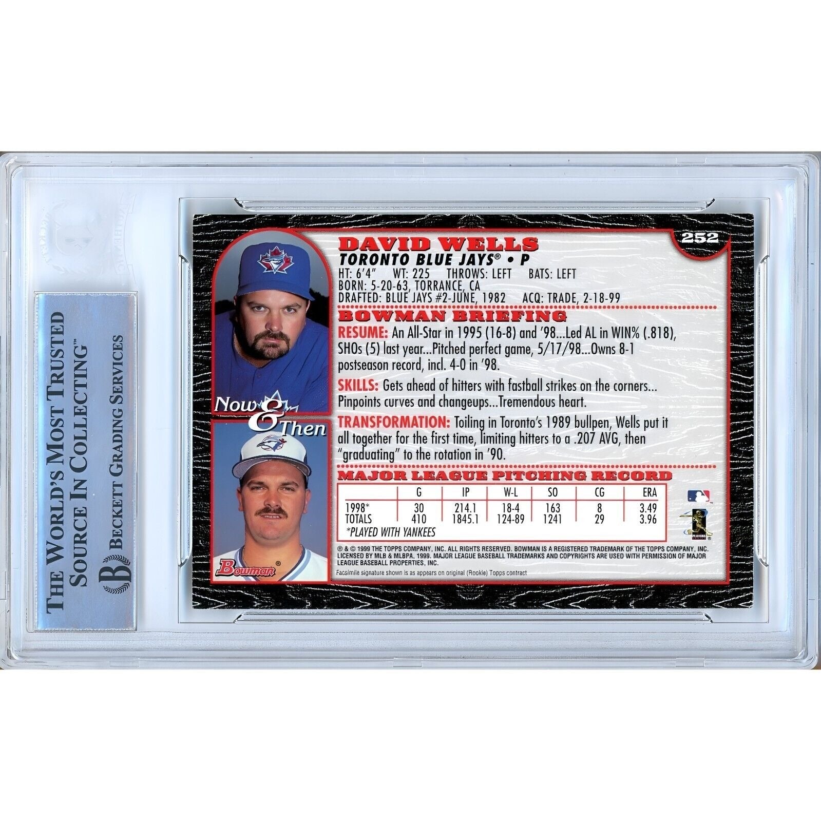 1999 Bowman #252 David Wells Toronto Blue Jays Signed Trading Card – Beckett BAS