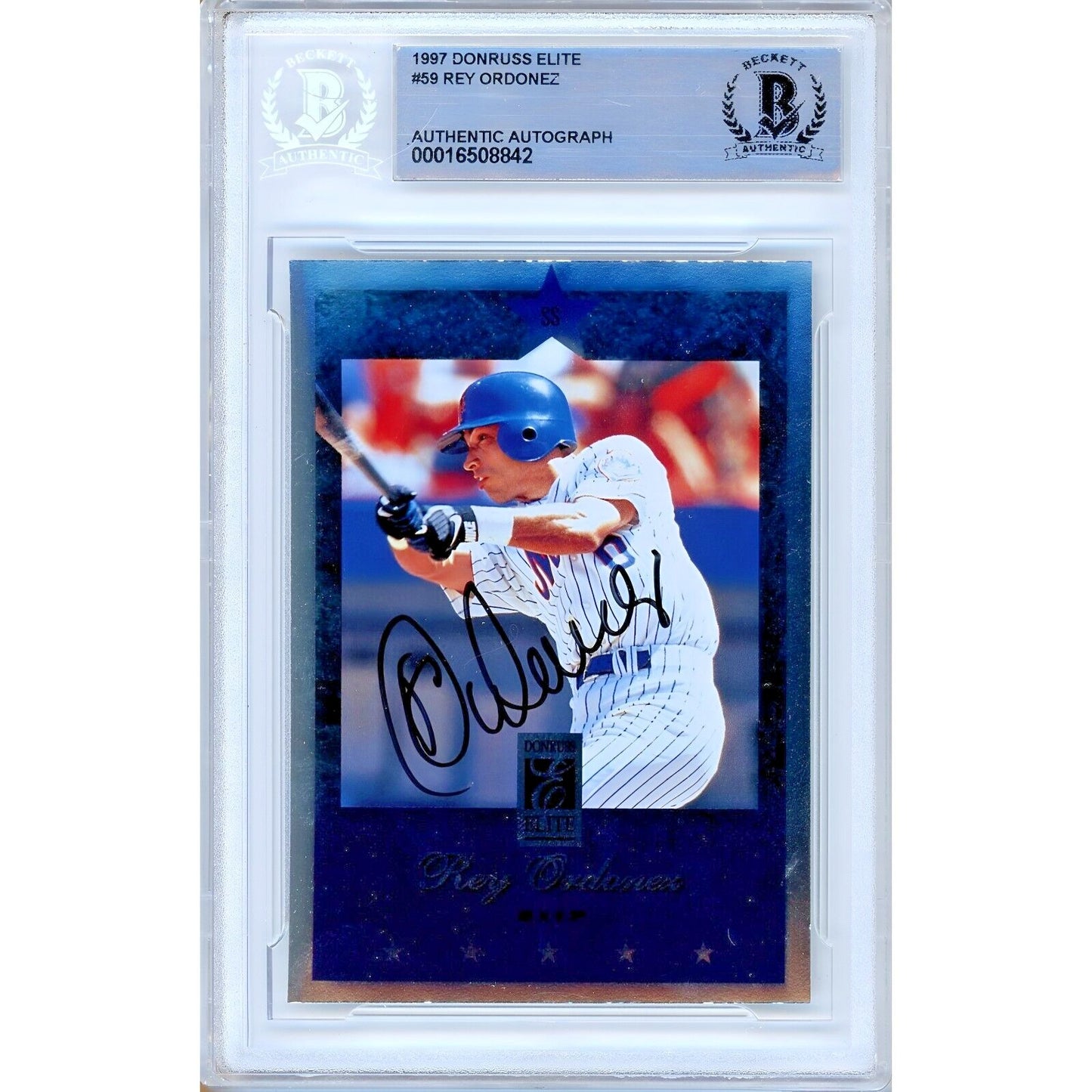 Baseballs- Autographed- Rey Ordonez New York Mets Signed 1997 Donruss Elite Trading Card Beckett Authentic Auto Slab Front