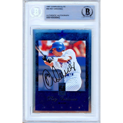 Baseballs- Autographed- Rey Ordonez New York Mets Signed 1997 Donruss Elite Trading Card Beckett Authentic Auto Slab Front