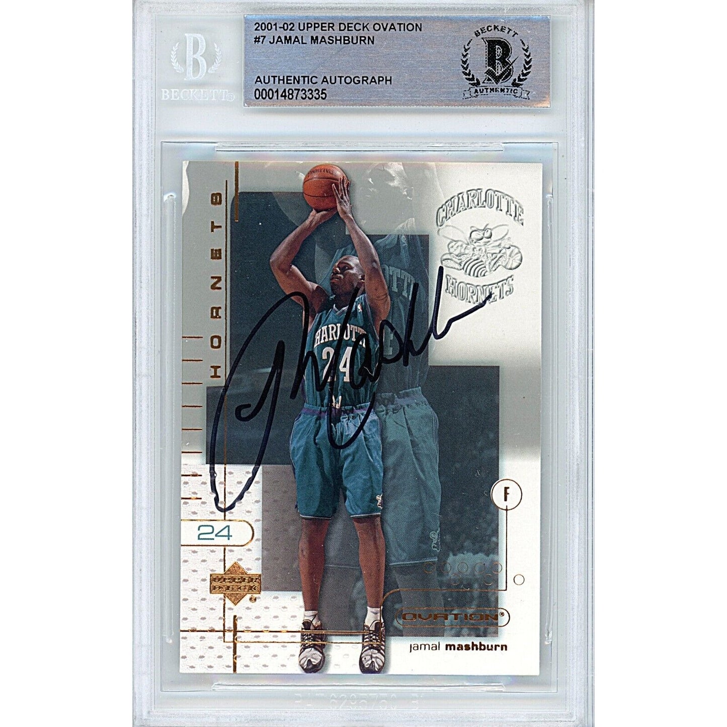 Basketballs- Autographed- Jamal Mashburn Charlotte Hornets Signed 2001-02 Upper Deck Ovation Basketball Card Beckett Authentic Auto Slab Front